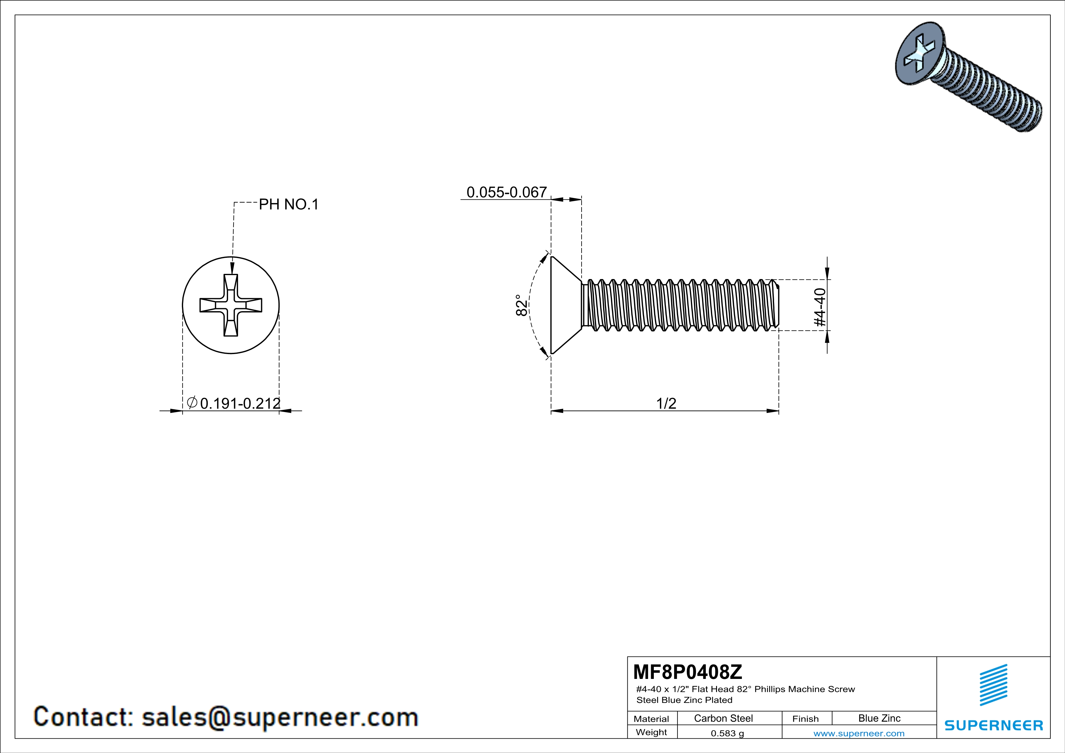 4-40 x 1/2" Flat Head 82° Phillips Machine Screw Steel Blue Zinc Plated