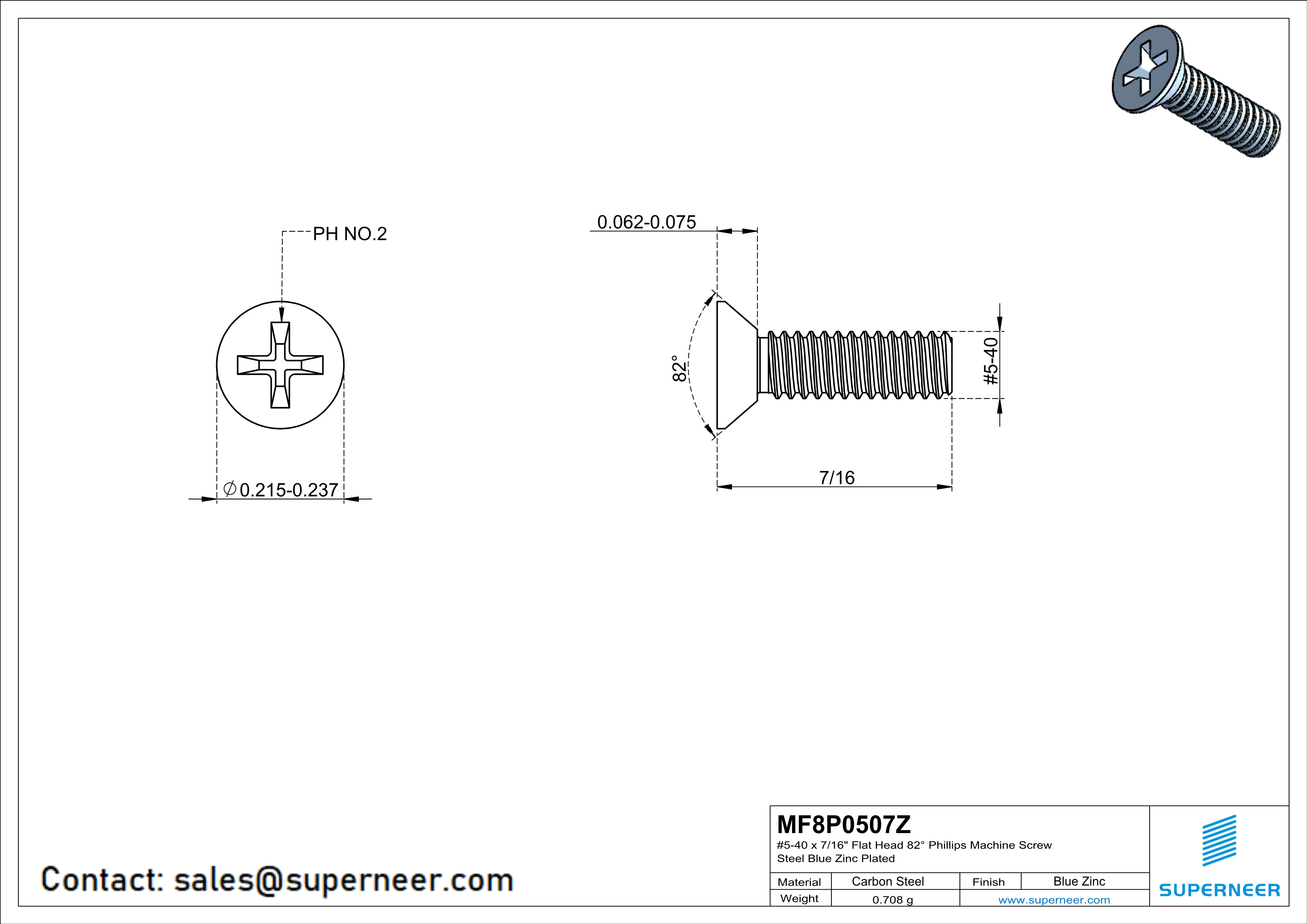 5-40 x 7/16" Flat Head 82° Phillips Machine Screw Steel Blue Zinc Plated