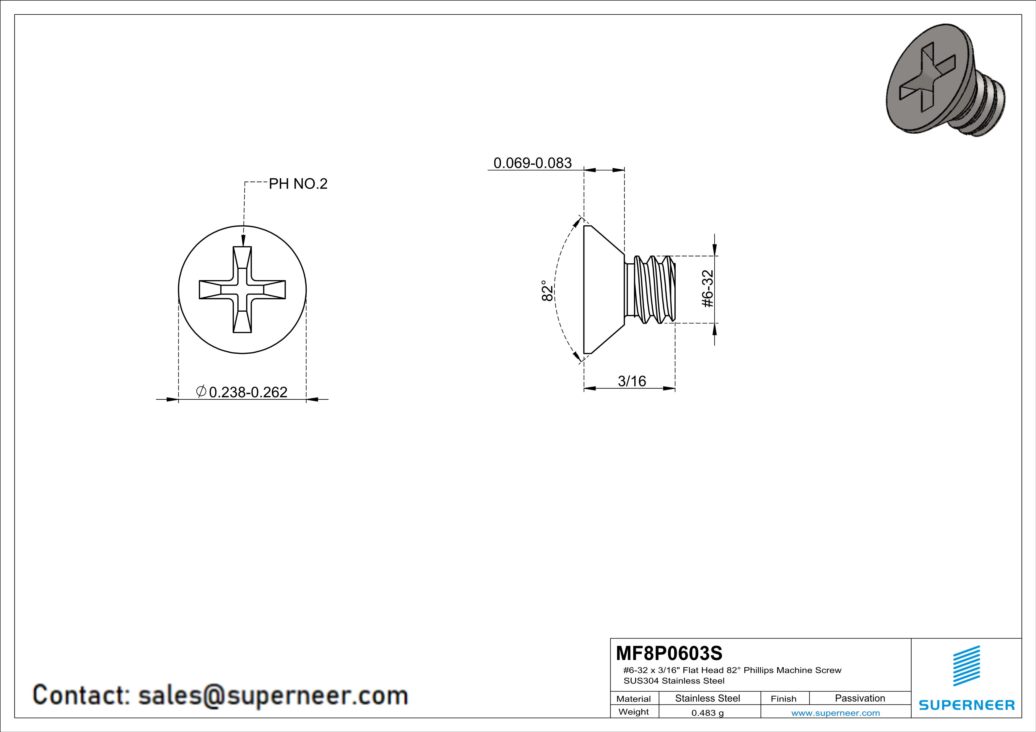 6-32 x 3/16" Flat Head 82° Phillips Machine Screw SUS304 Stainless Steel Inox