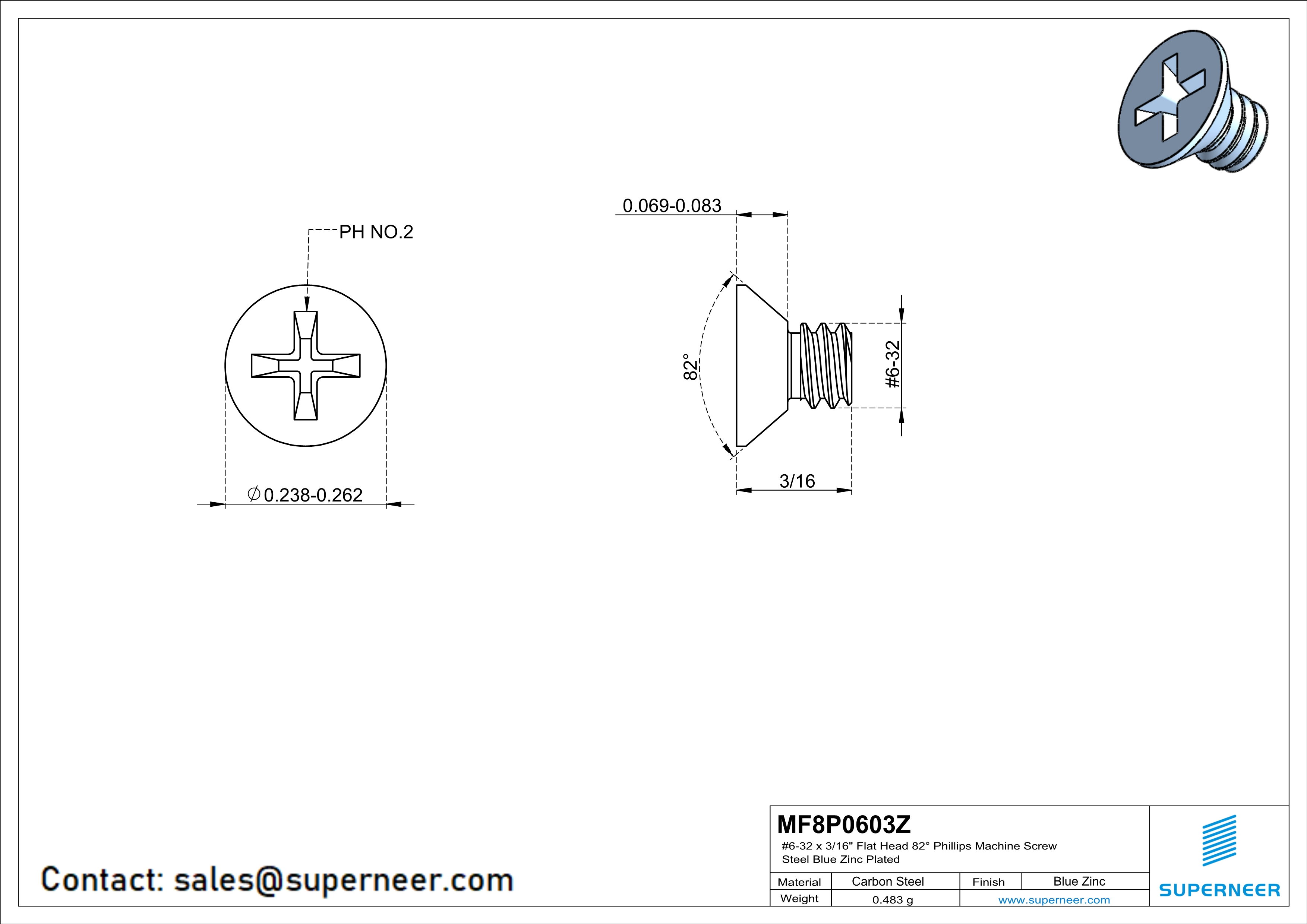 6-32 x 3/16" Flat Head 82° Phillips Machine Screw Steel Blue Zinc Plated