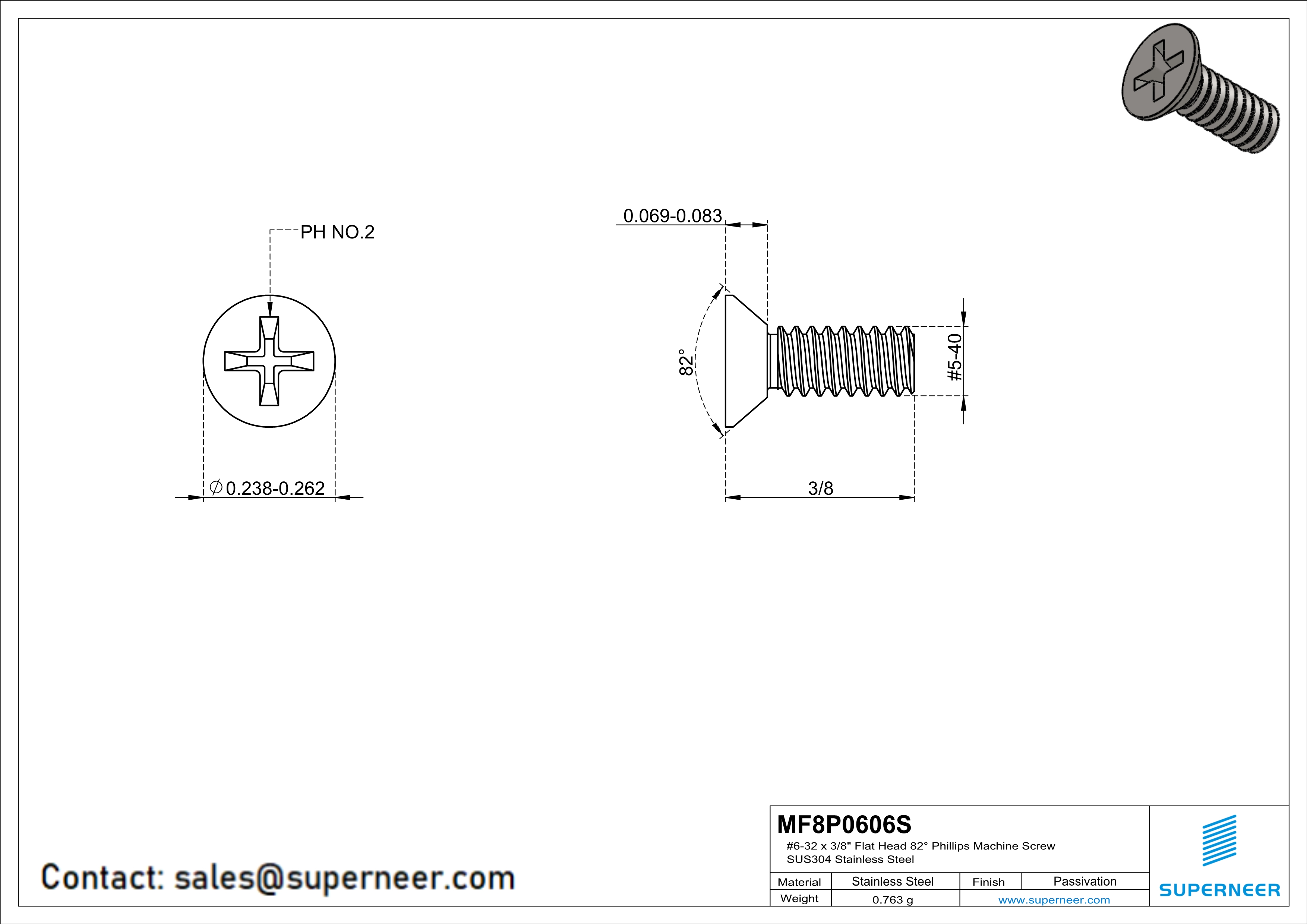 6-32 x 3/8" Flat Head 82° Phillips Machine Screw SUS304 Stainless Steel Inox