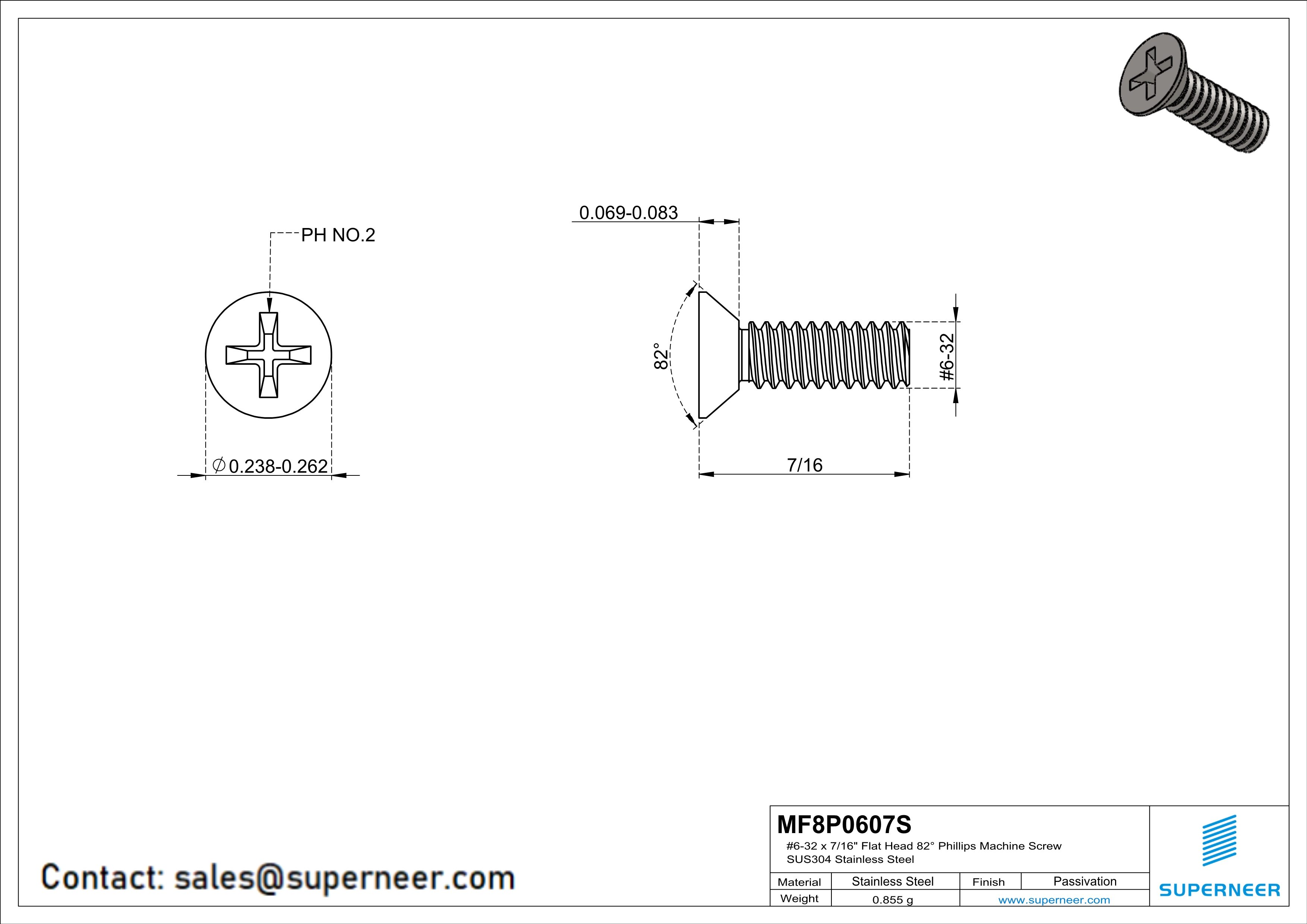 6-32 x 7/16"  Flat Head 82° Phillips Machine Screw SUS304 Stainless Steel Inox