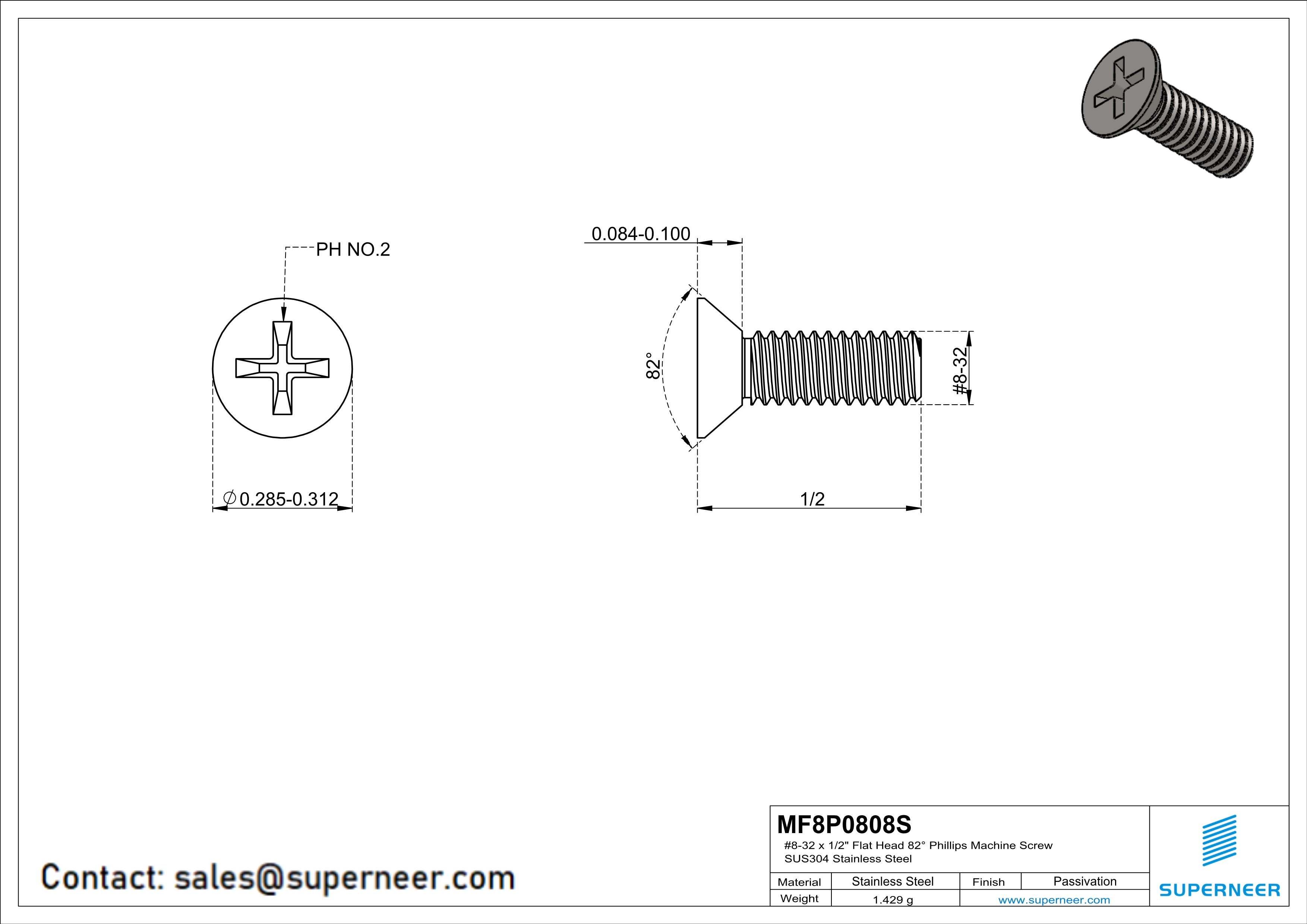 8-32 x 1/2" Flat Head 82° Phillips Machine Screw SUS304 Stainless Steel Inox