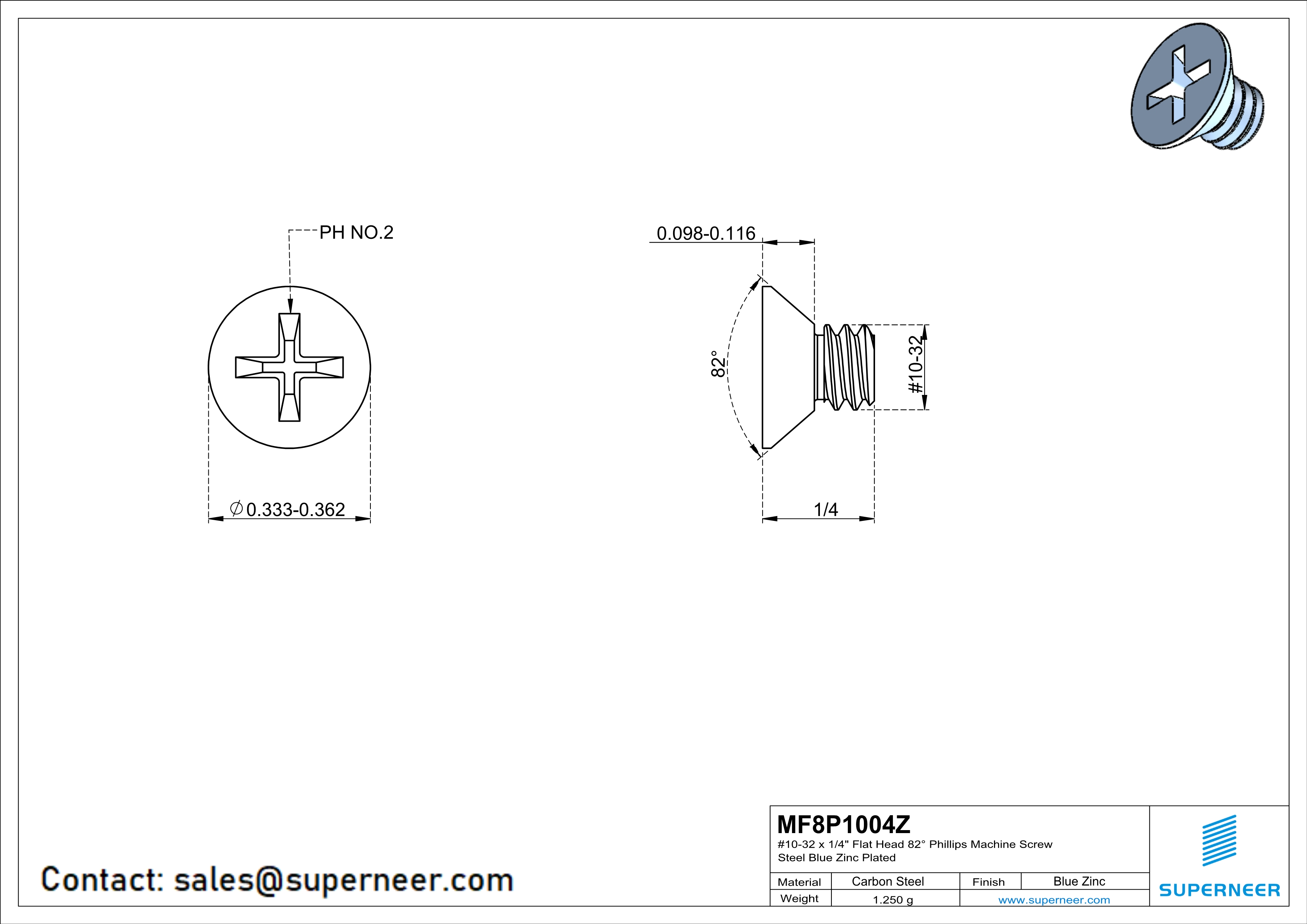 10-32 x 1/4" Flat Head 82° Phillips Machine Screw Steel Blue Zinc Plated