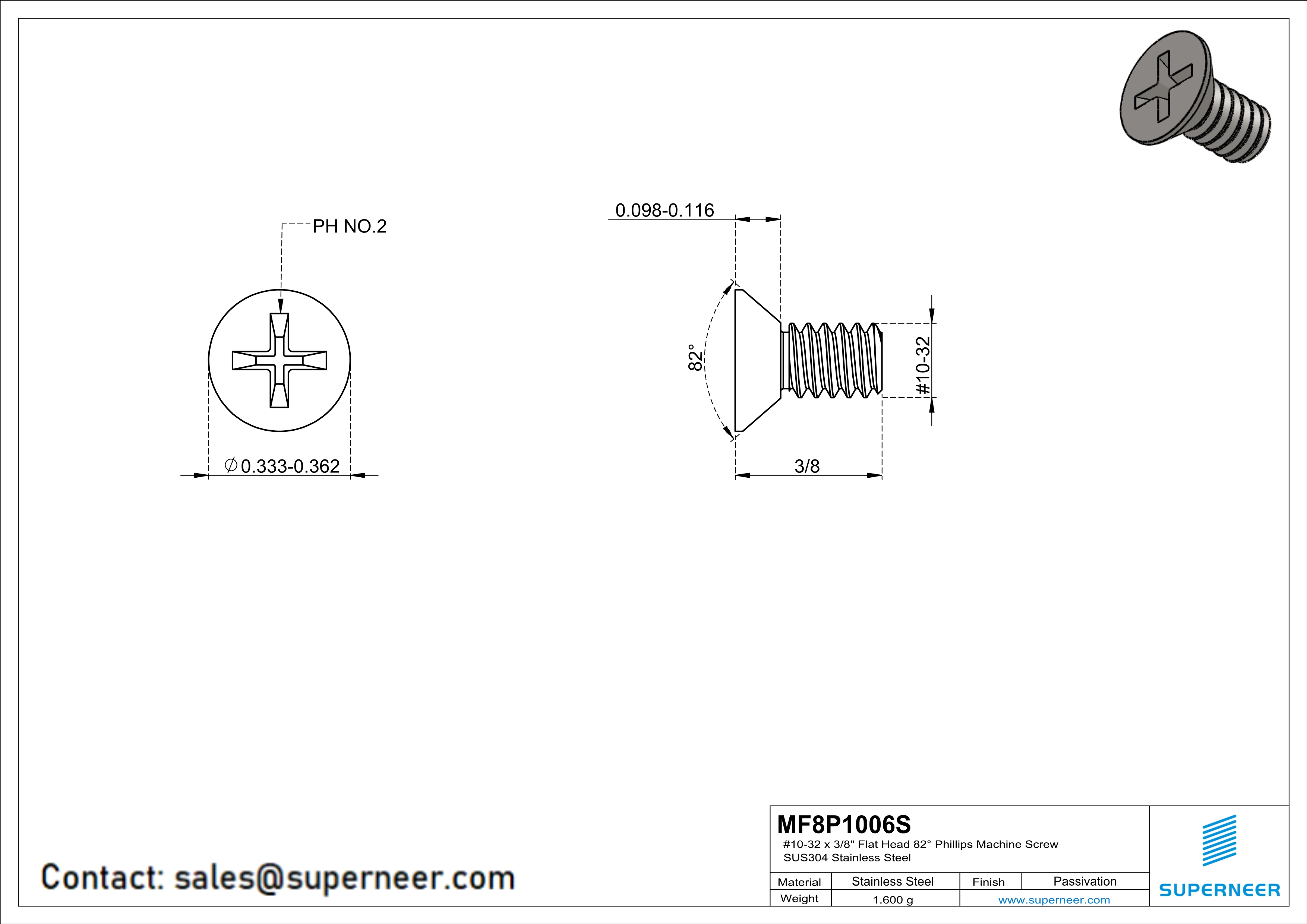 10-32 x 3/8" Flat Head 82° Phillips Machine Screw SUS304 Stainless Steel Inox