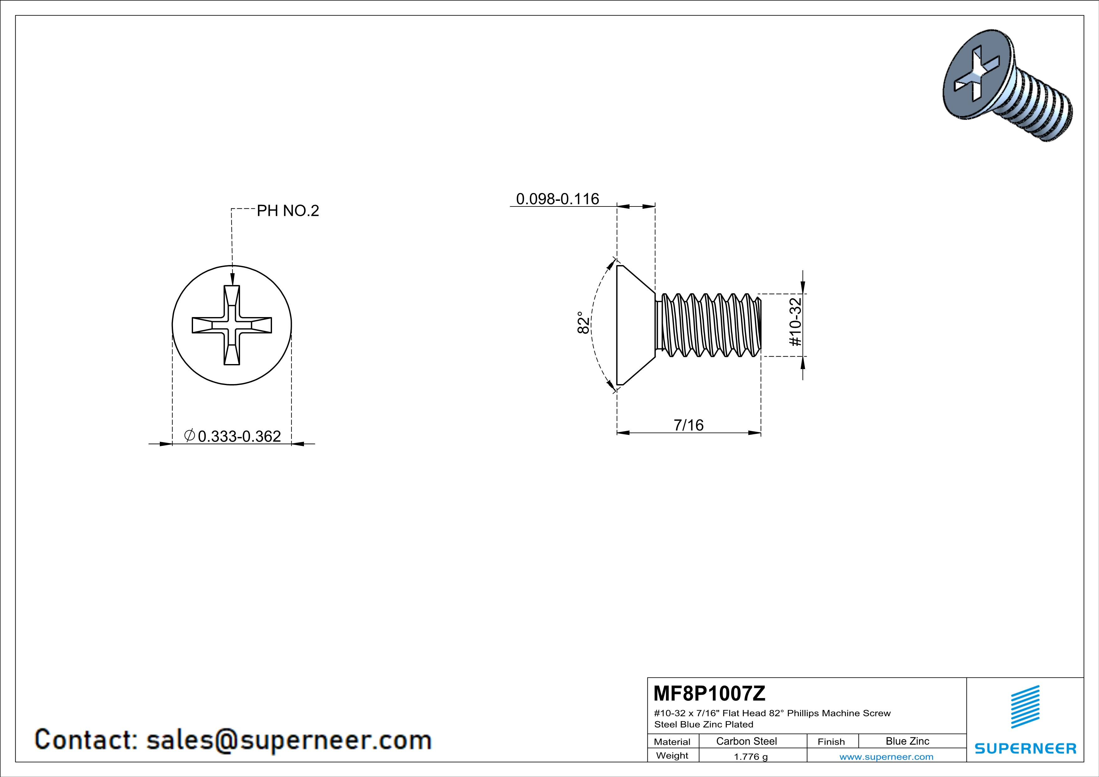 10-32 x 7/16" Flat Head 82° Phillips Machine Screw Steel Blue Zinc Plated