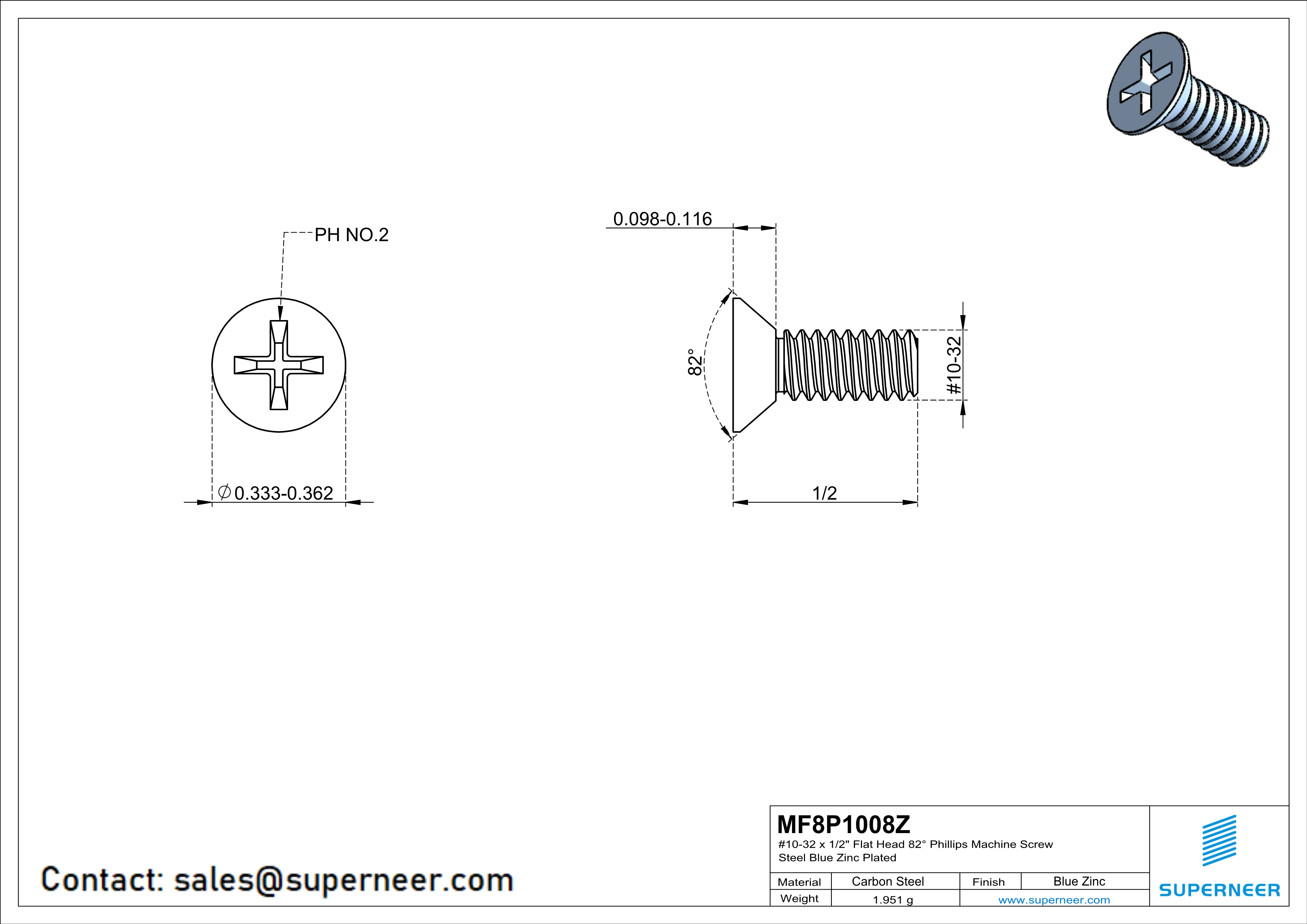 10-32 x 1/2" Flat Head 82° Phillips Machine Screw Steel Blue Zinc Plated