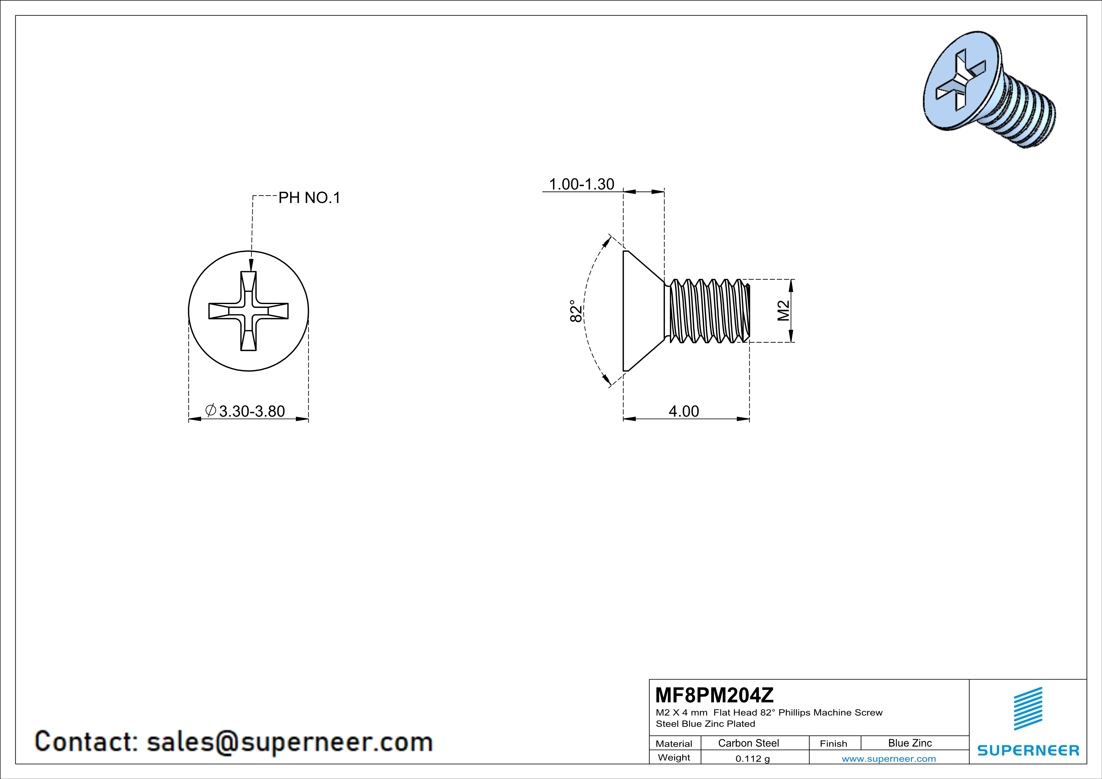 M2 x 4 mm Flat Head 82° Phillips Machine Screw Steel Blue Zinc Plated