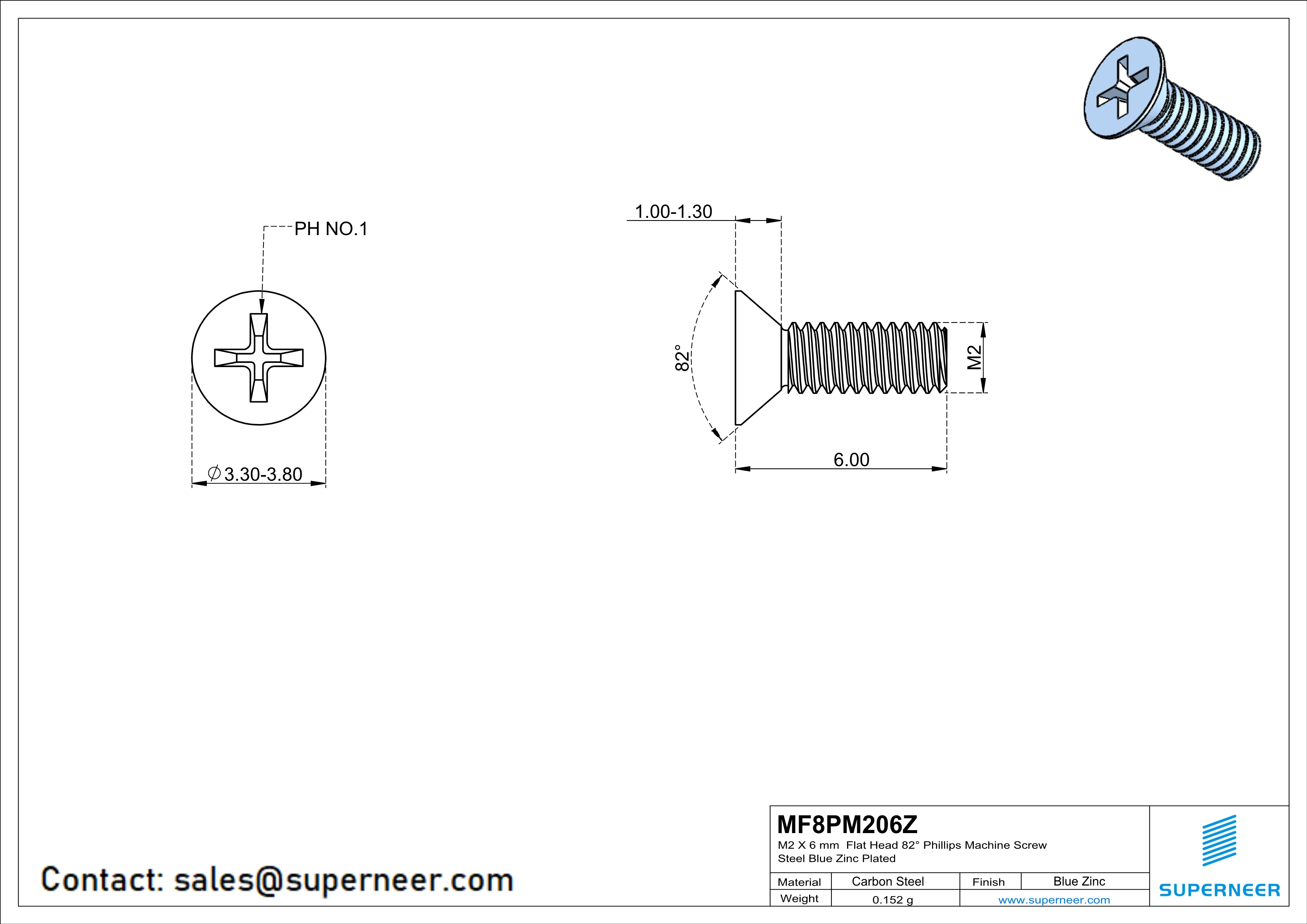 M2 x 6 mm Flat Head 82° Phillips Machine Screw Steel Blue Zinc Plated