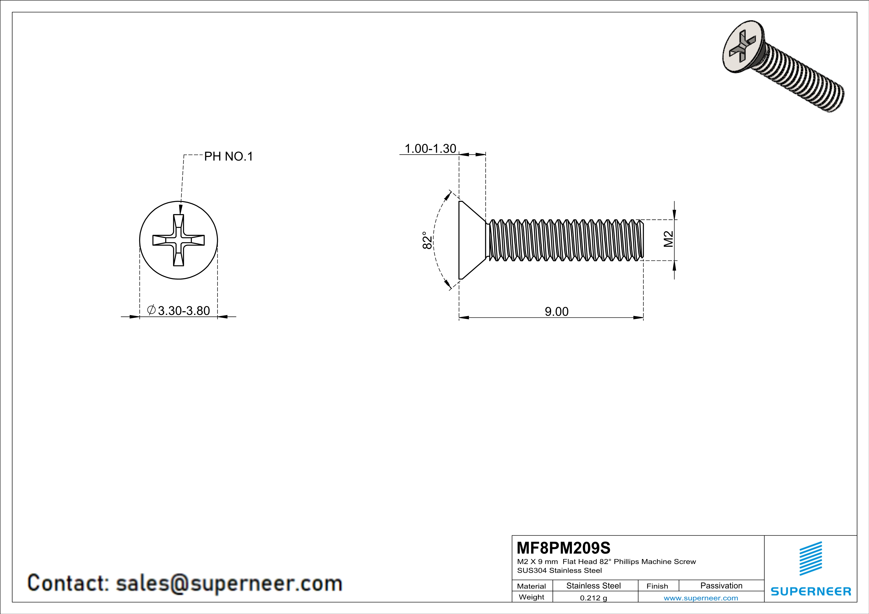 M2 x 9 mm  Flat Head 82° Phillips Machine Screw SUS304 Stainless Steel Inox