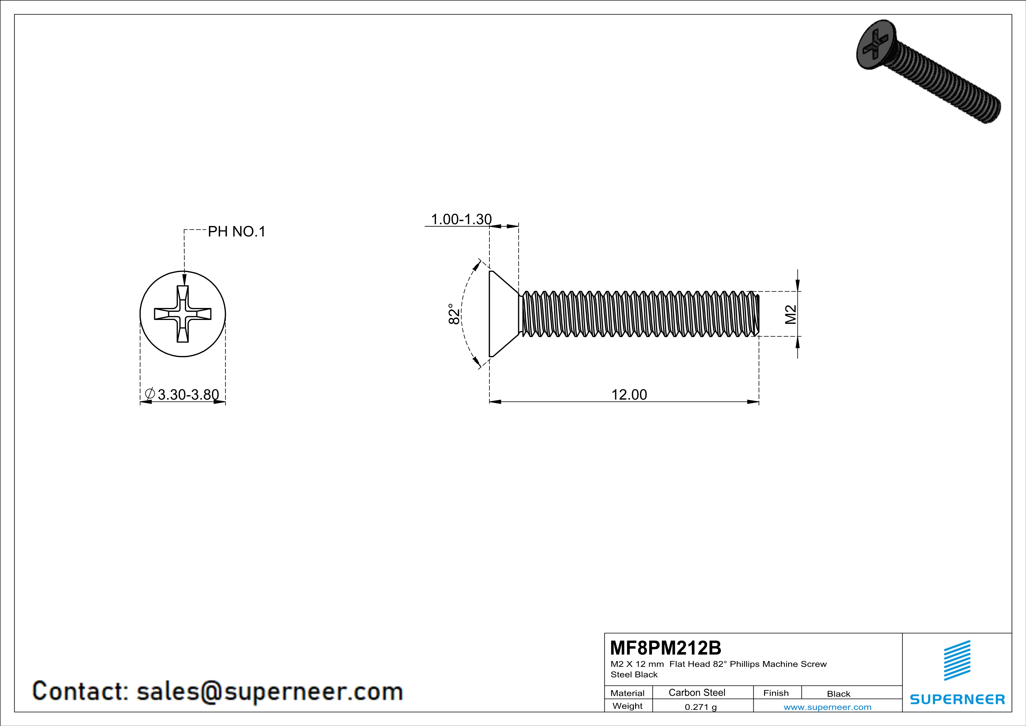 M2 x 12 mm Flat Head 82° Phillips Machine Screw Steel Black