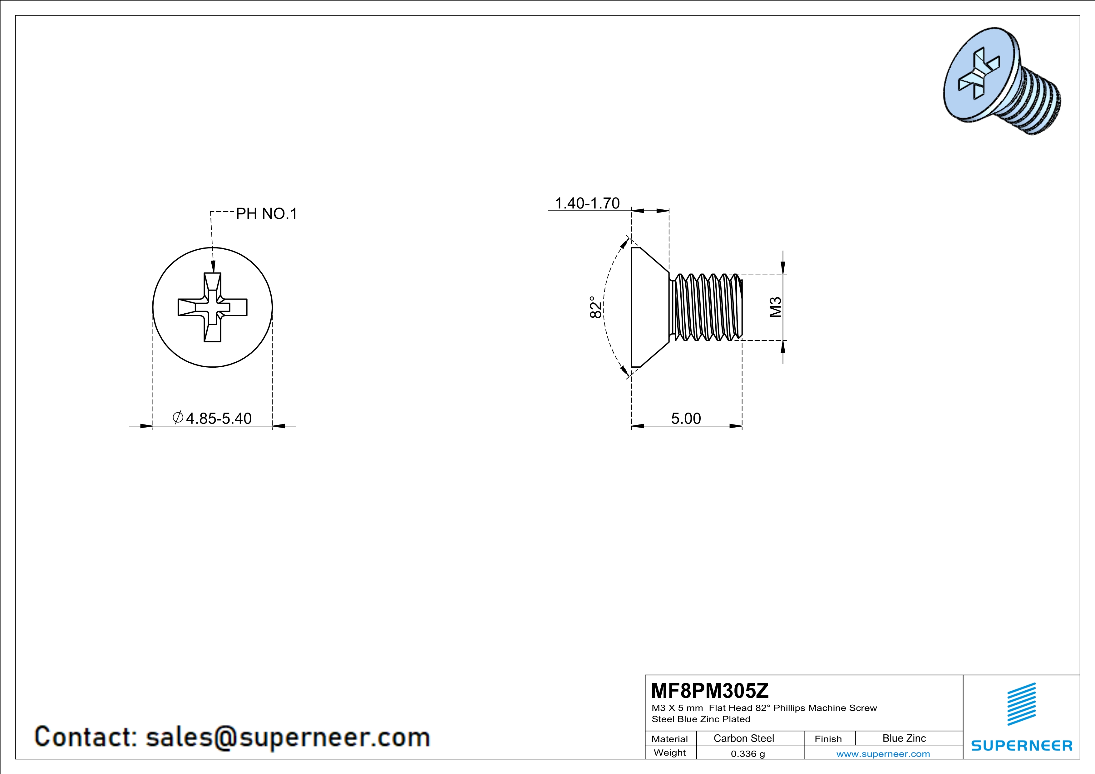 M3 x 5 mm Flat Head 82° Phillips Machine Screw Steel Blue Zinc Plated