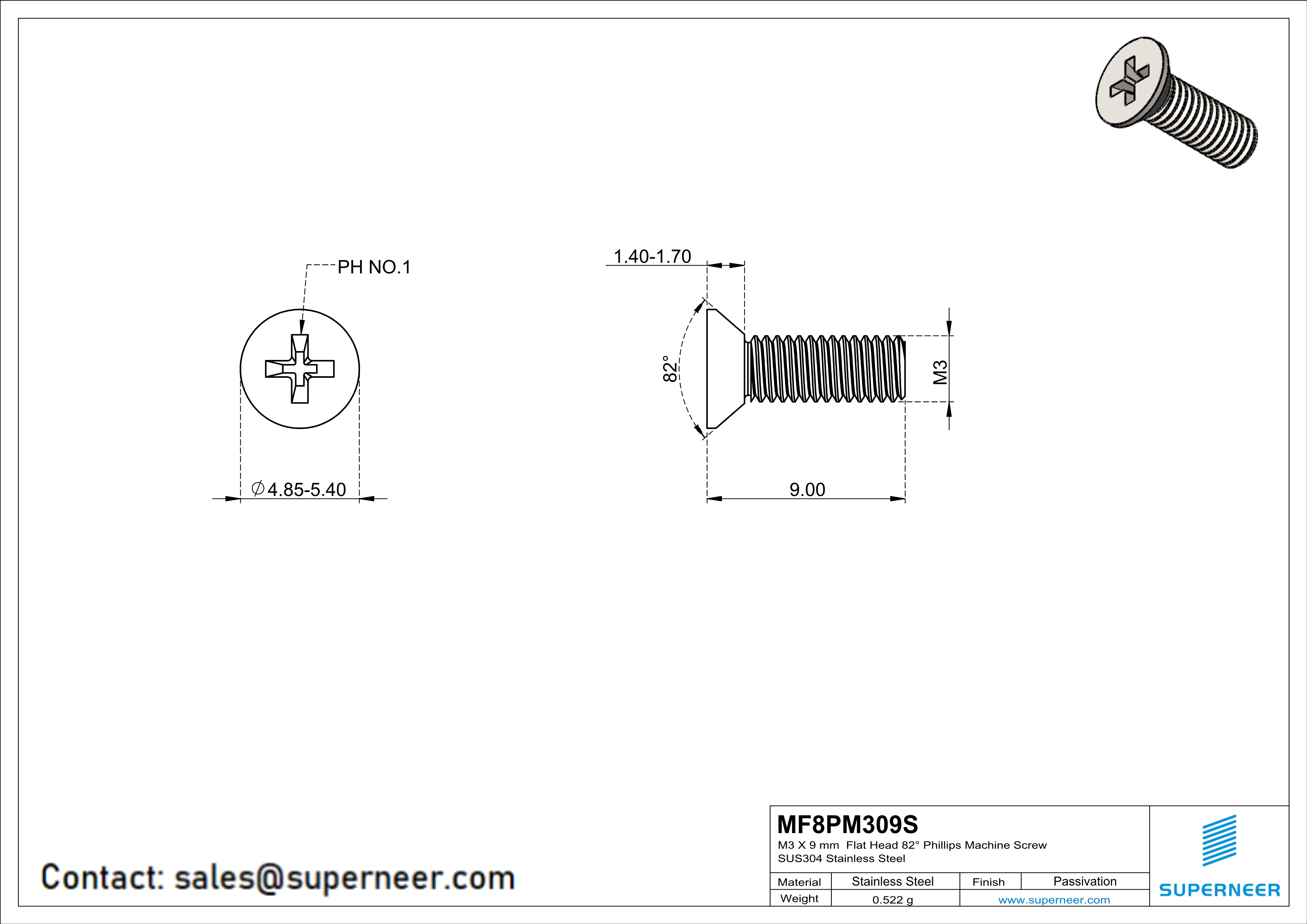 M3 x 9 mm  Flat Head 82° Phillips Machine Screw SUS304 Stainless Steel Inox