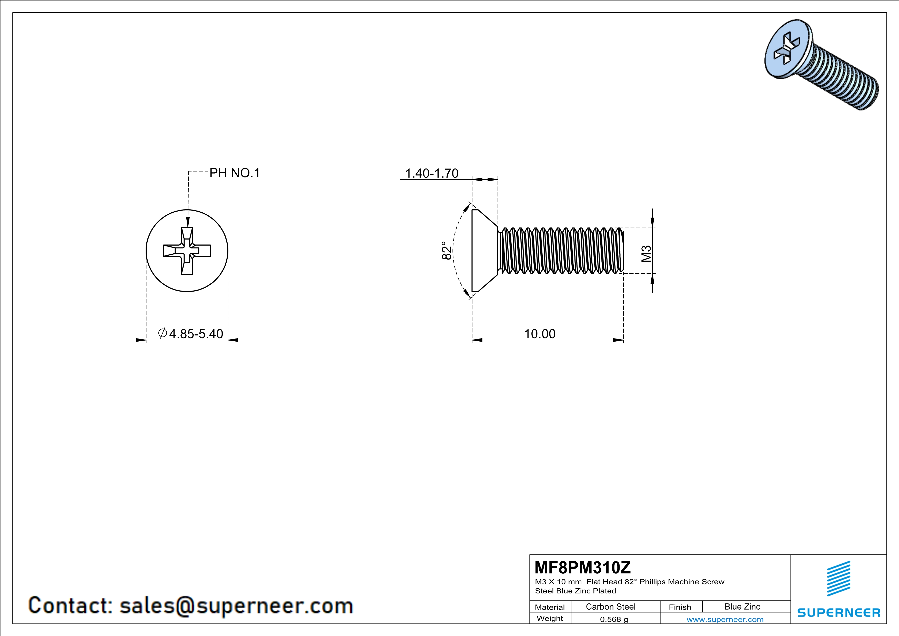 M3 x 10 mm Flat Head 82° Phillips Machine Screw Steel Blue Zinc Plated