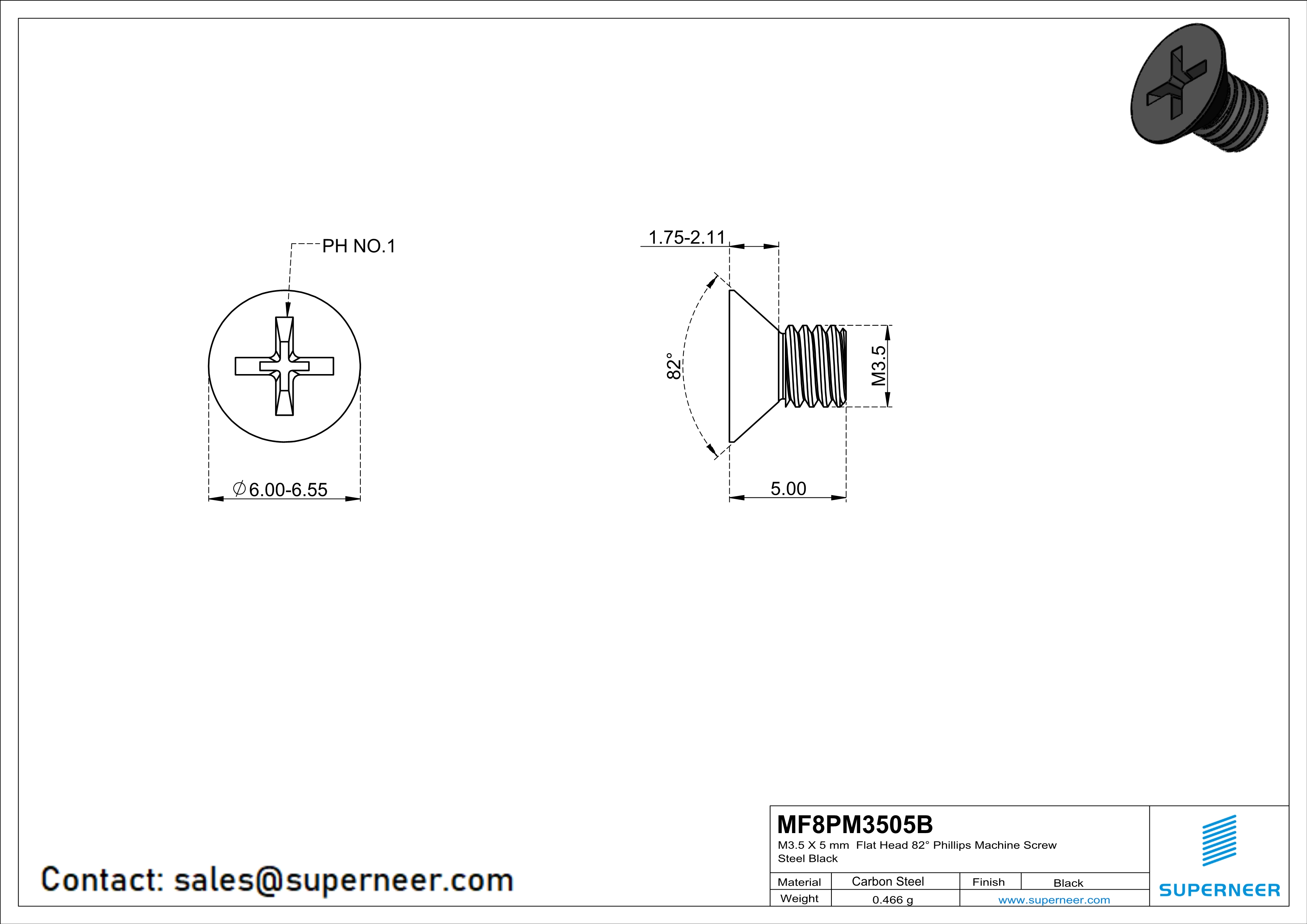 M3.5 x 5 mm Flat Head 82° Phillips Machine Screw Steel Black