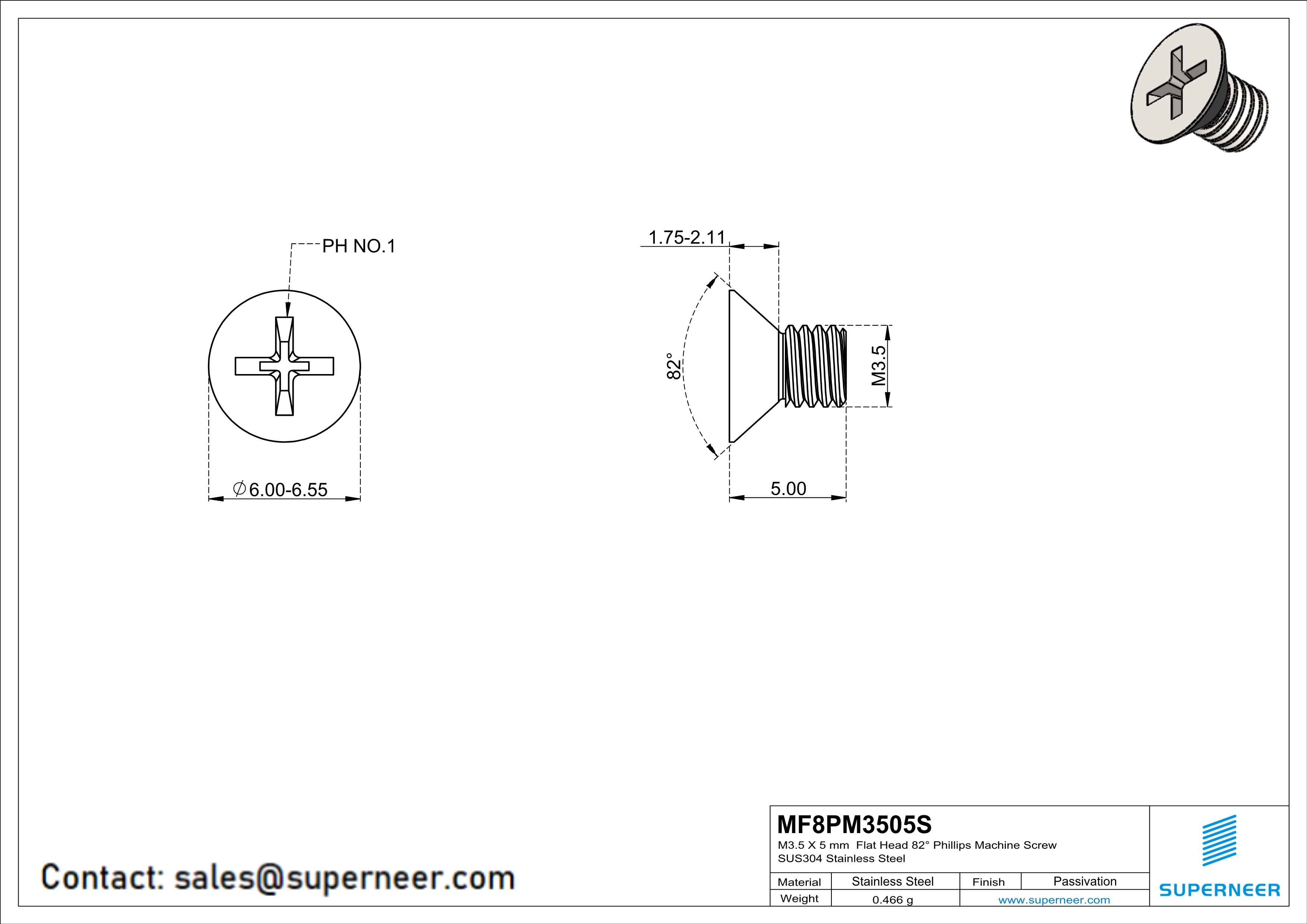 M3.5 x 5 mm  Flat Head 82° Phillips Machine Screw SUS304 Stainless Steel Inox