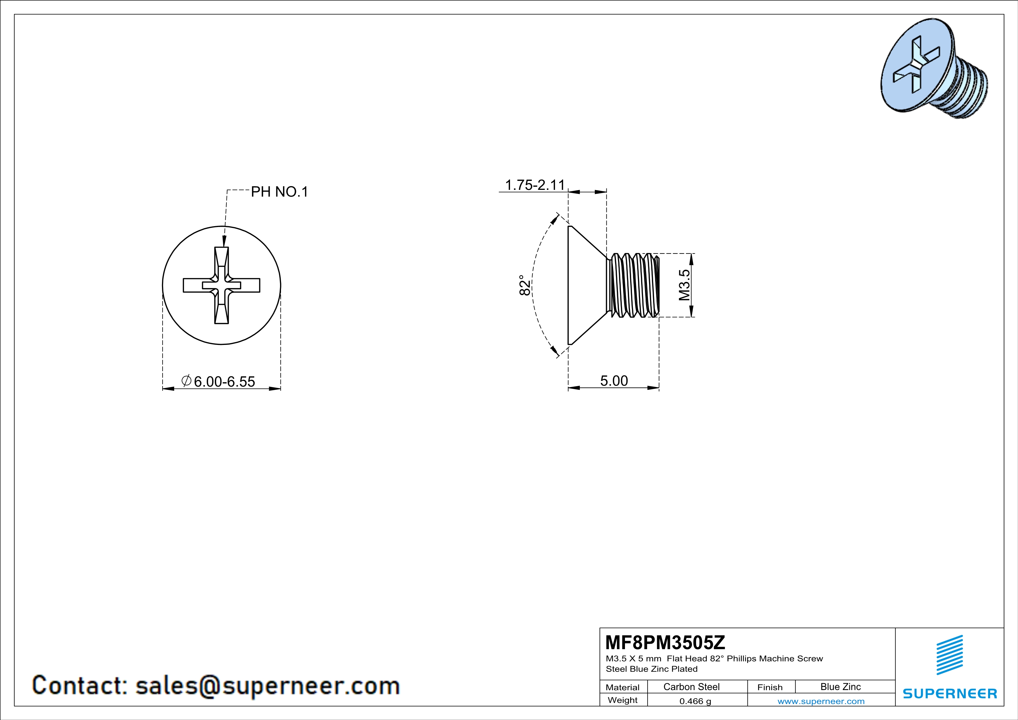 M3.5 x 5 mm Flat Head 82° Phillips Machine Screw Steel Blue Zinc Plated