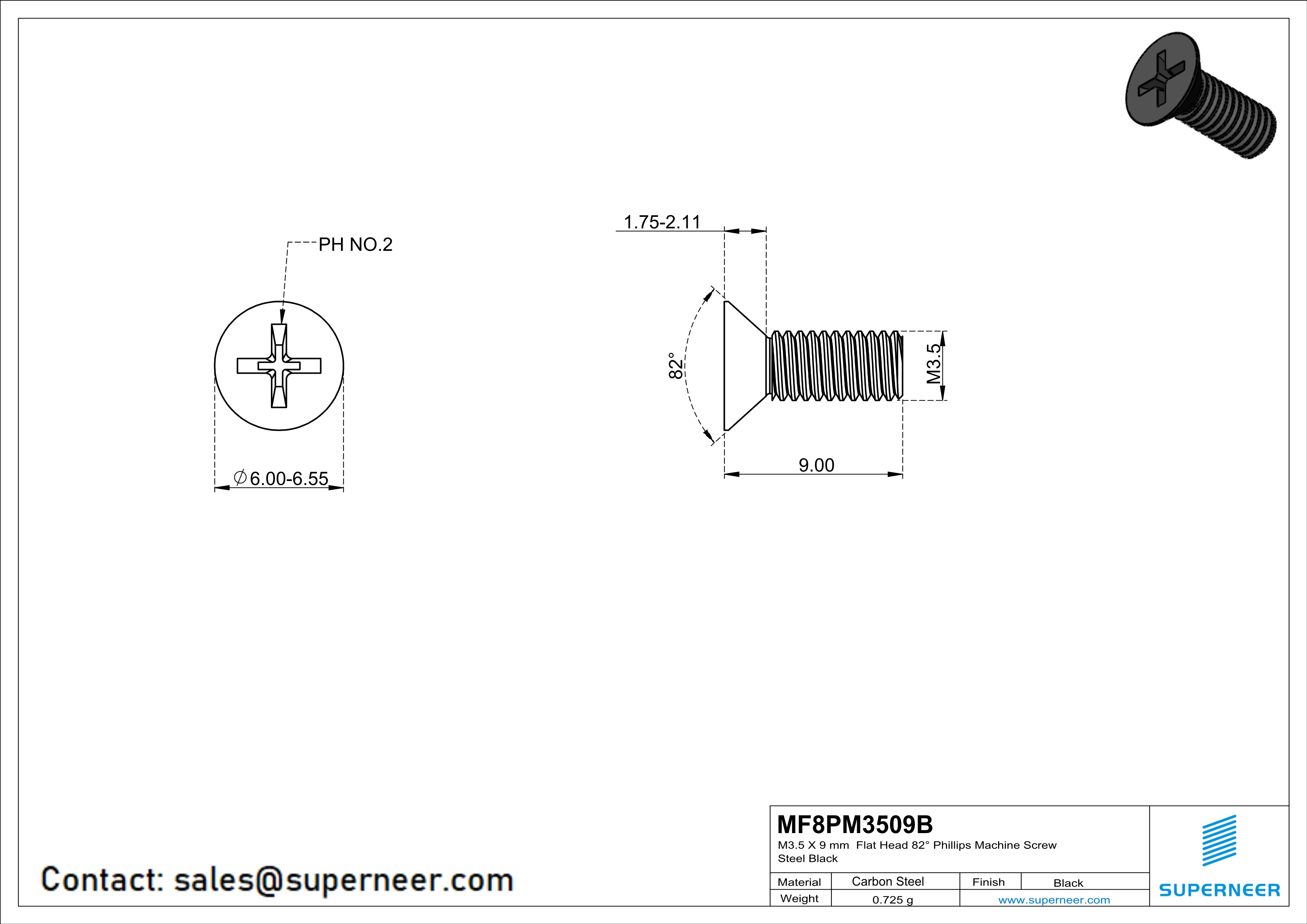 M3.5 x 9 mm Flat Head 82° Phillips Machine Screw Steel Black