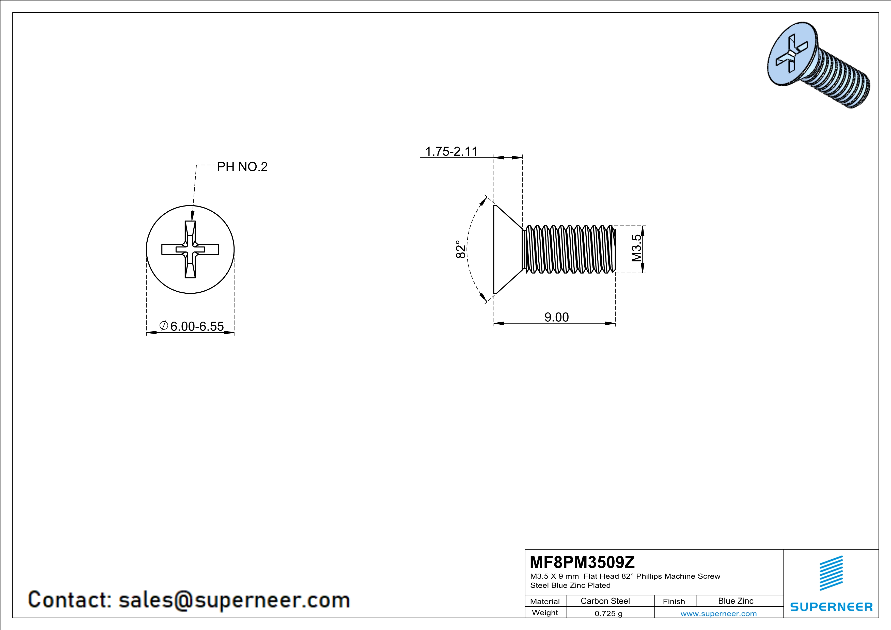 M3.5 x 9 mm Flat Head 82° Phillips Machine Screw Steel Blue Zinc Plated