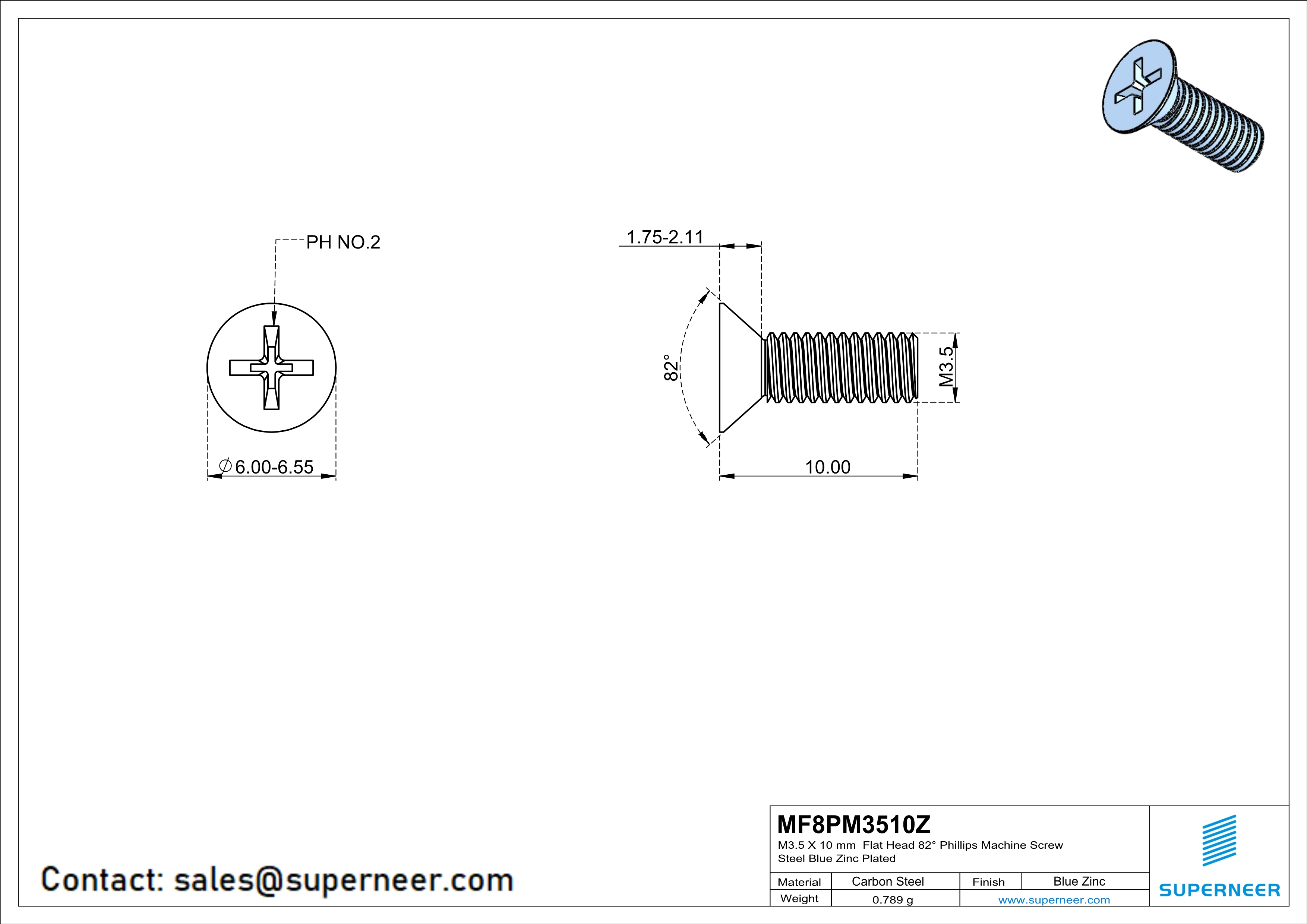 M3.5 x 10 mm Flat Head 82° Phillips Machine Screw Steel Blue Zinc Plated