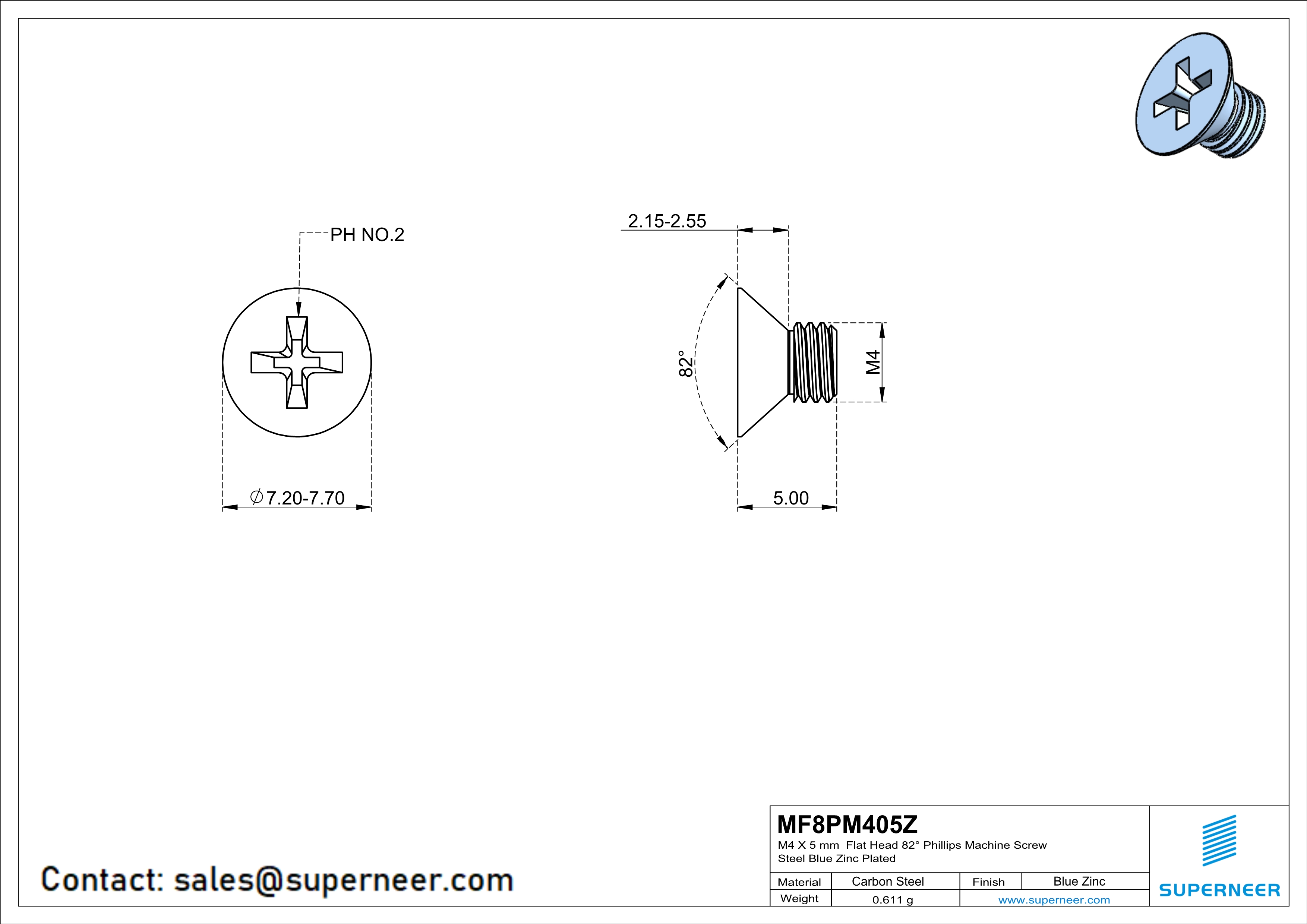 M4 x 5 mm Flat Head 82° Phillips Machine Screw Steel Blue Zinc Plated