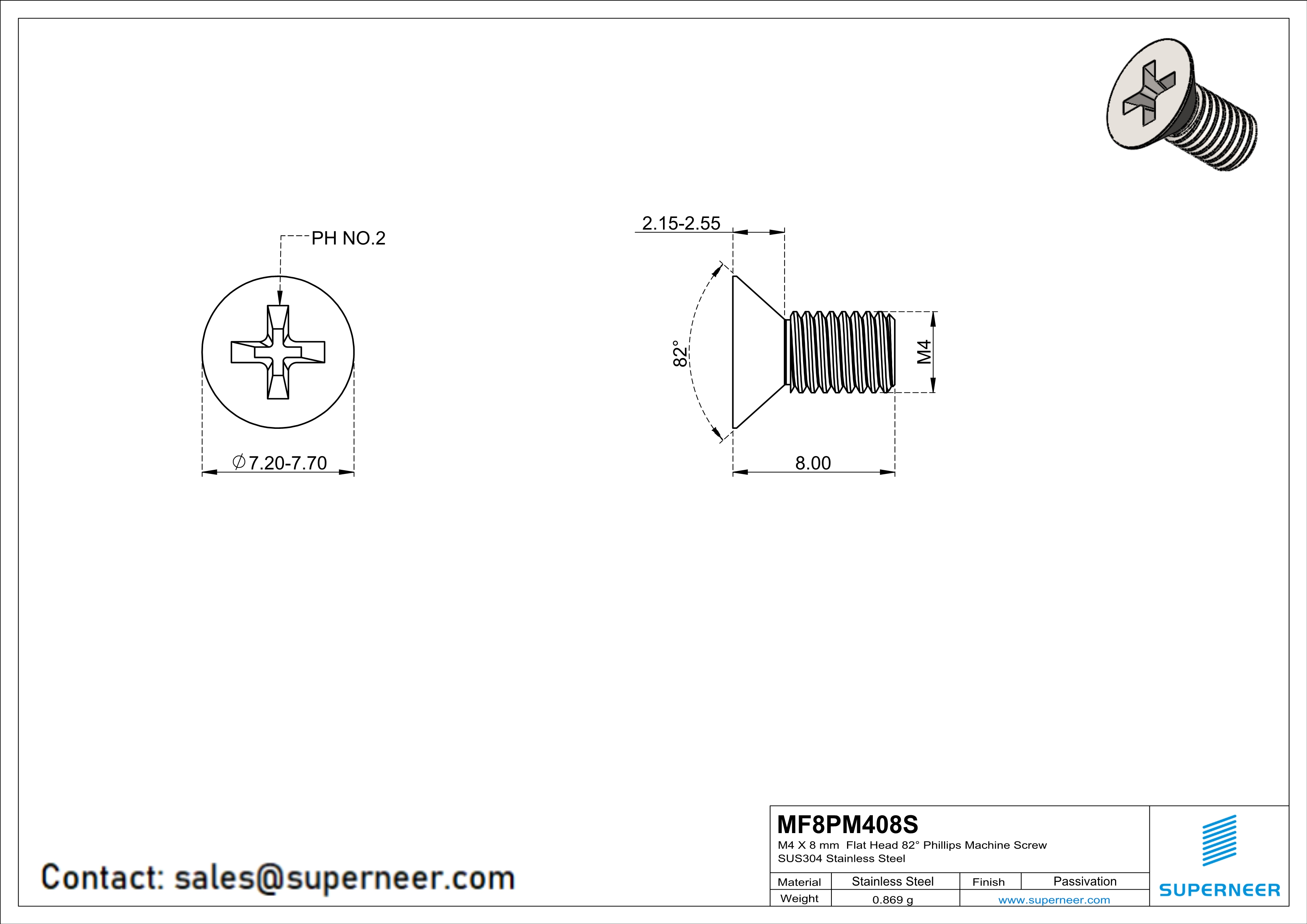 M4 x 8 mm  Flat Head 82° Phillips Machine Screw SUS304 Stainless Steel Inox