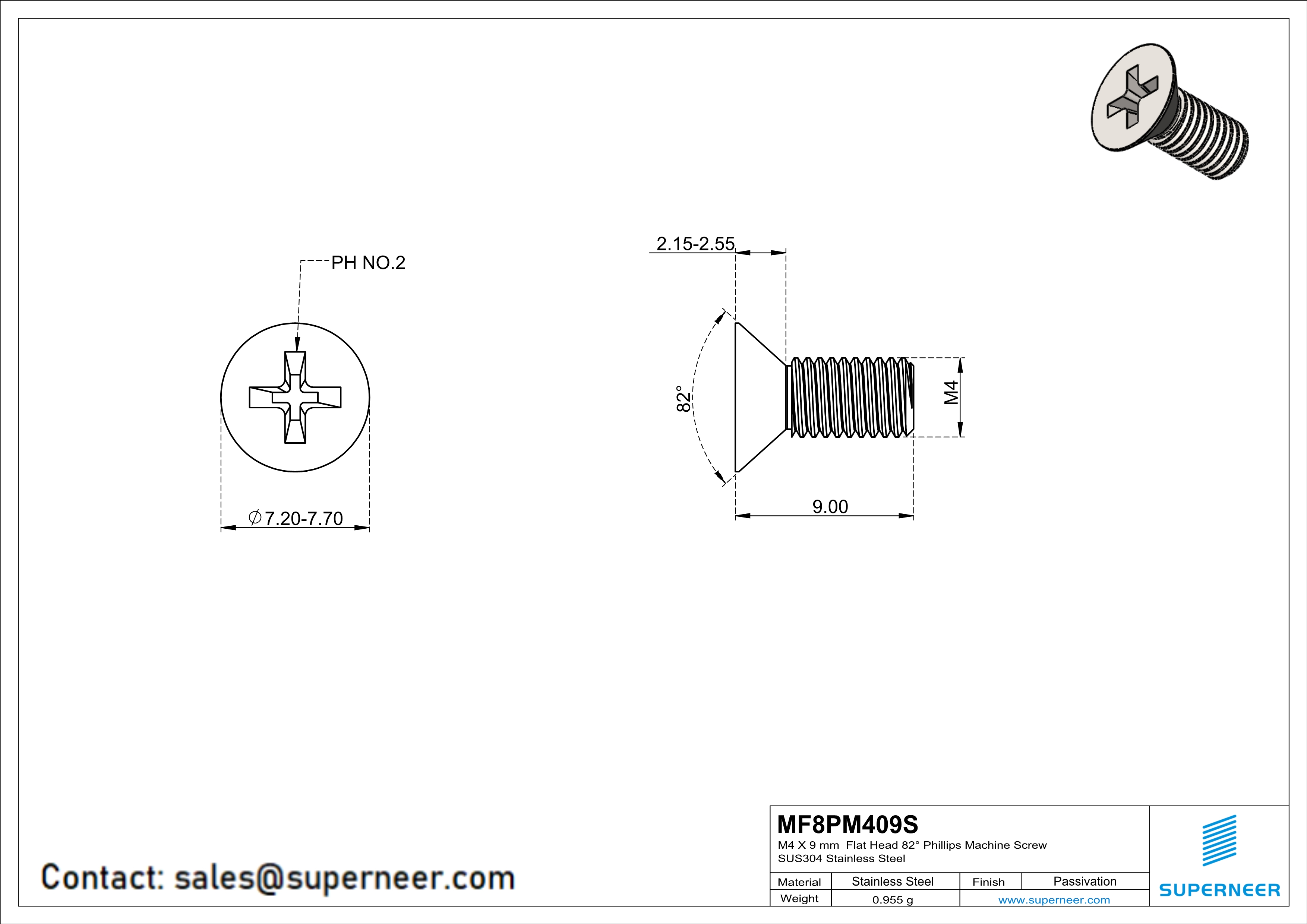 M4 x 9 mm  Flat Head 82° Phillips Machine Screw SUS304 Stainless Steel Inox