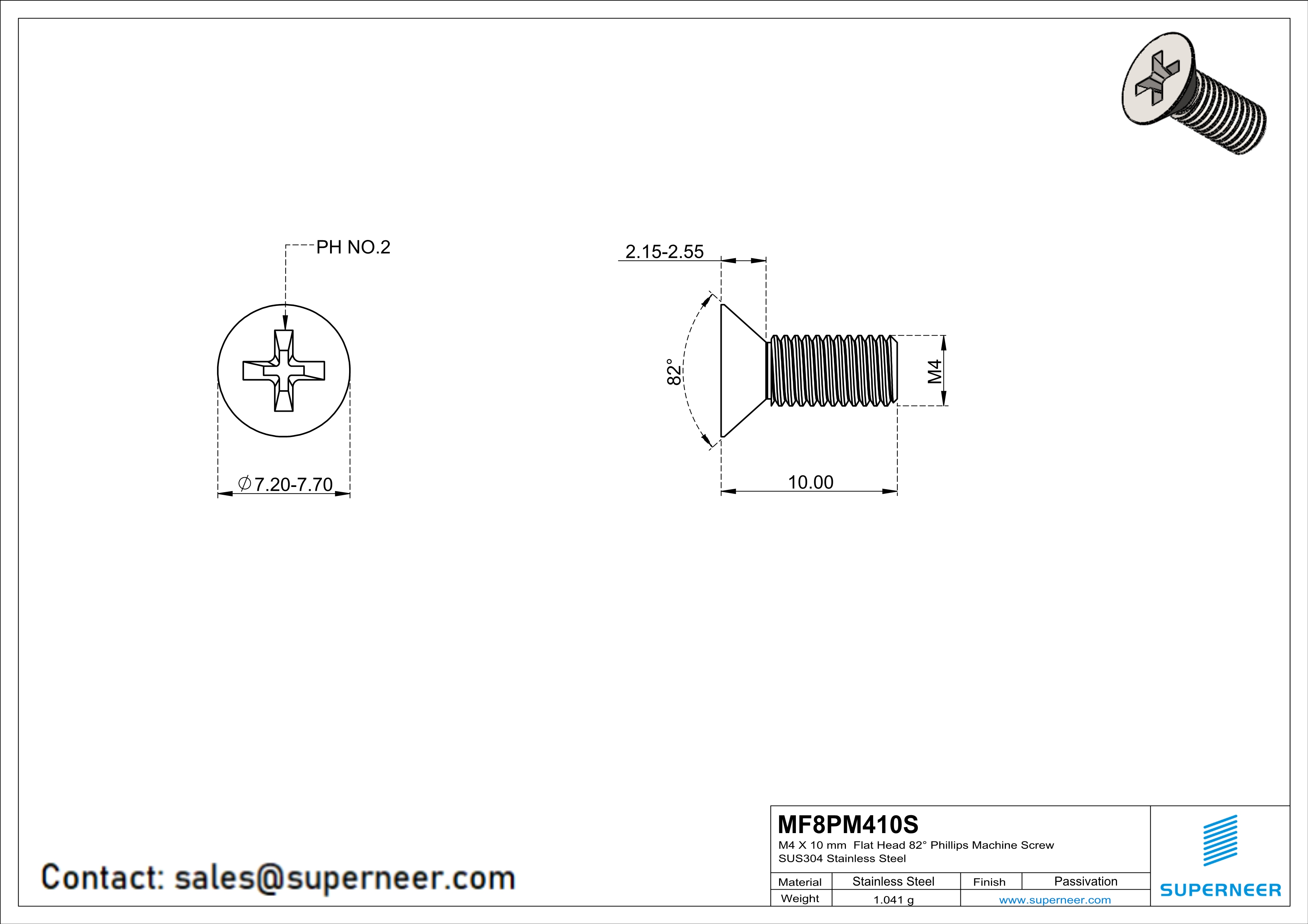 M4 x 10 mm  Flat Head 82° Phillips Machine Screw SUS304 Stainless Steel Inox