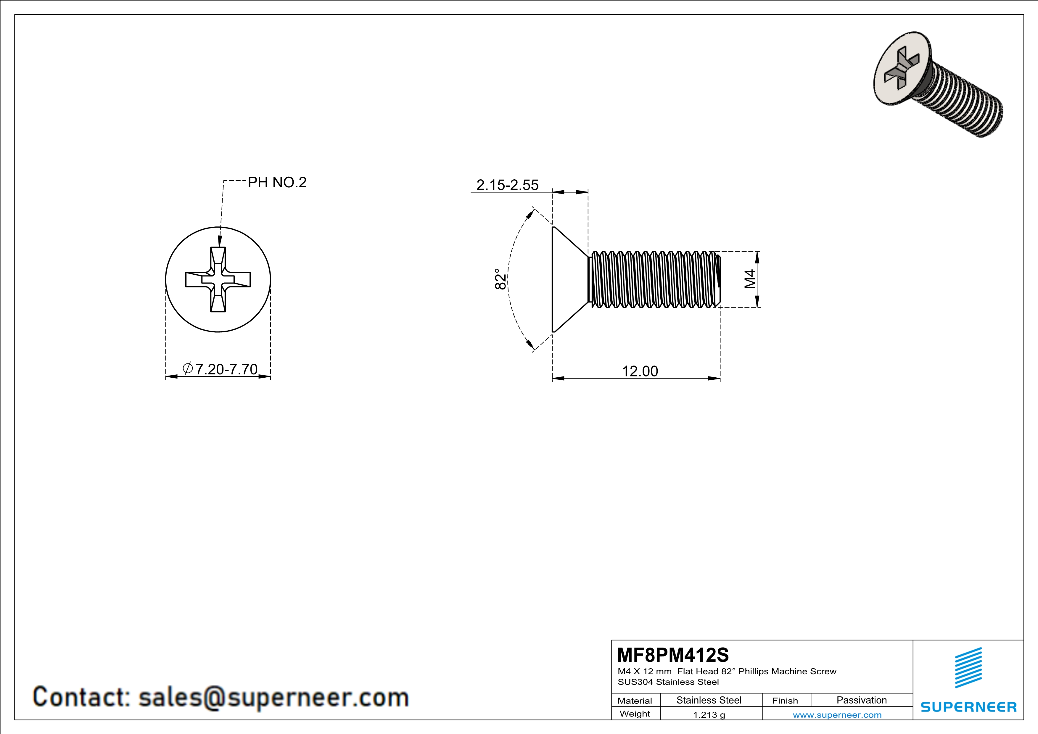 M4 x 12 mm  Flat Head 82° Phillips Machine Screw SUS304 Stainless Steel Inox