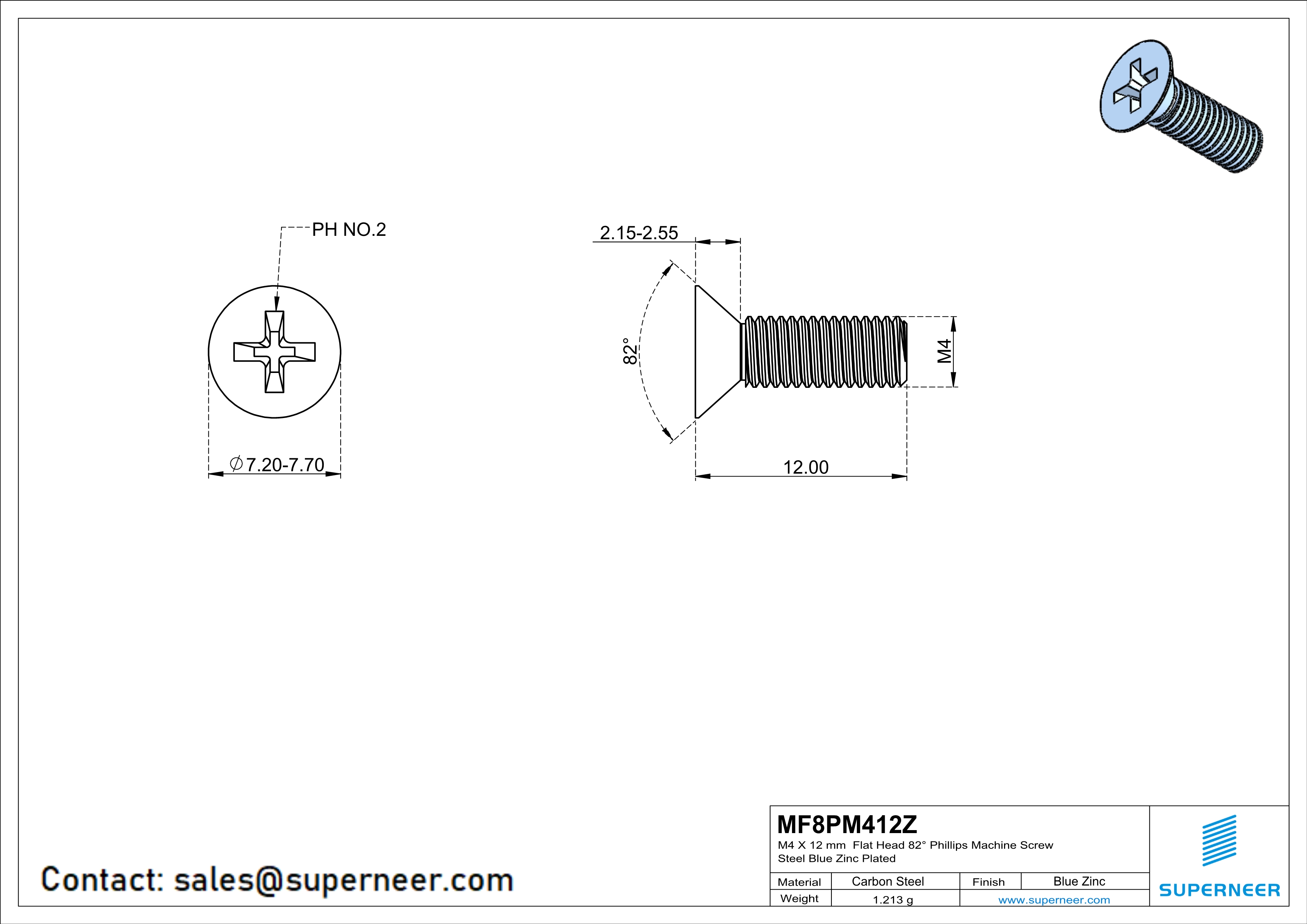 M4 x 12 mm Flat Head 82° Phillips Machine Screw Steel Blue Zinc Plated