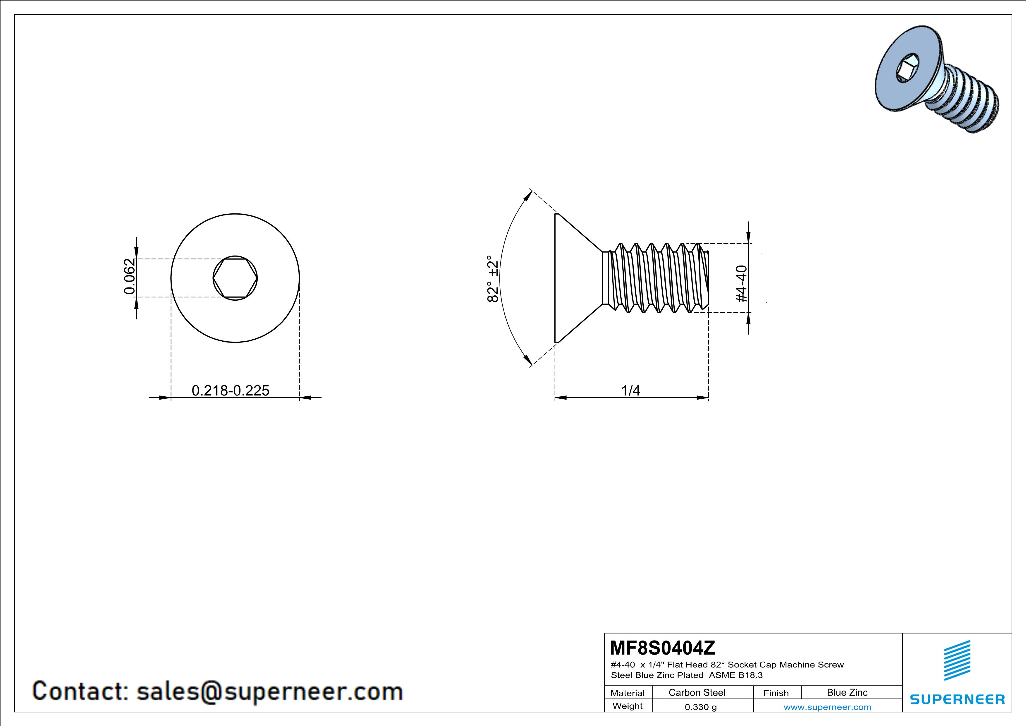 4-40 x 1/4" Flat Head 82° Socket Cap Machine Screw Steel Blue Zinc Plated ASME B18.3