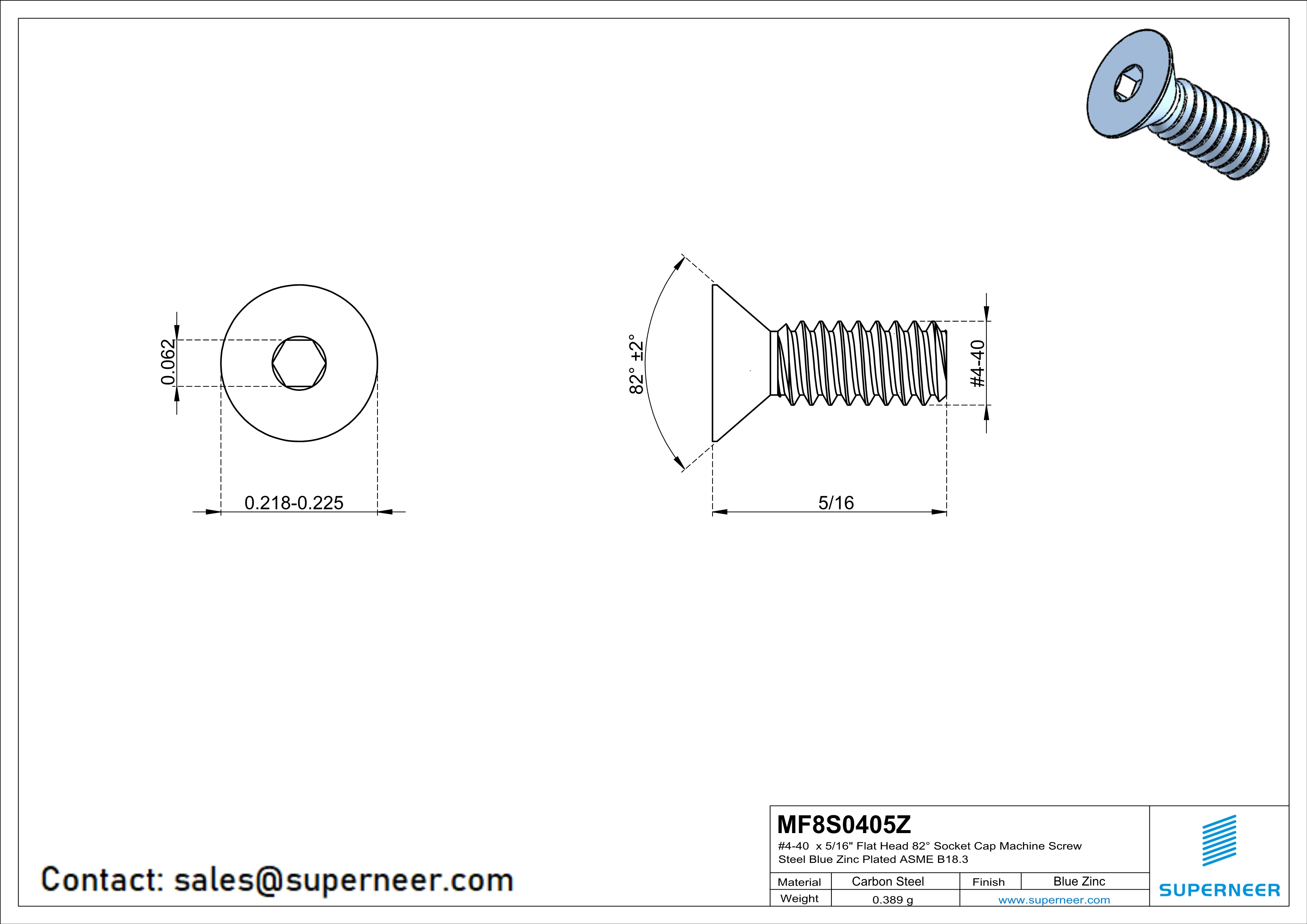 4-40 x 5/16 " Flat Head 82° Socket Cap Machine Screw Steel Blue Zinc Plated ASME B18.3