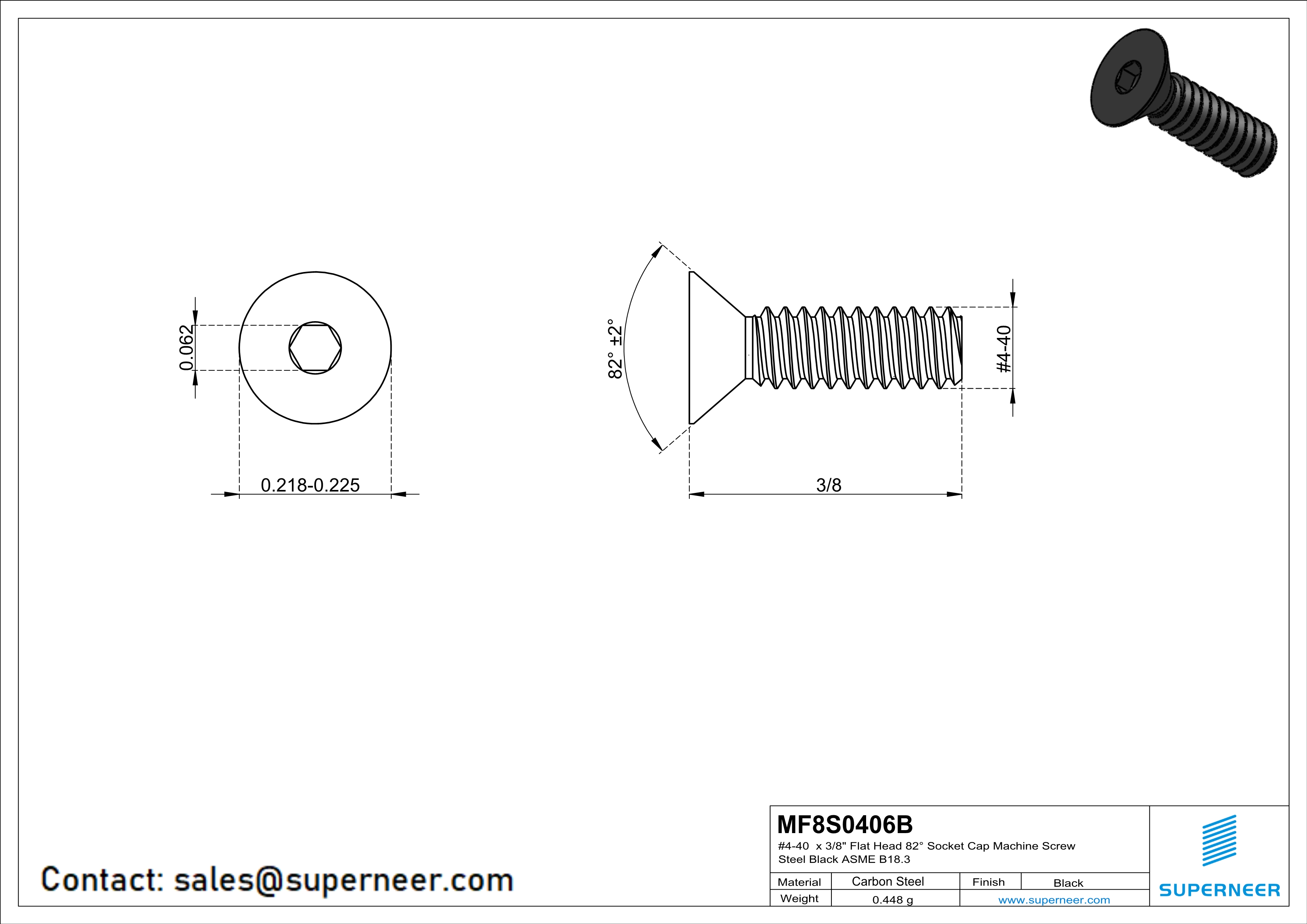 4-40 x 3/8 " Flat Head 82° Socket Cap Machine Screw Steel Black ASME B18.3