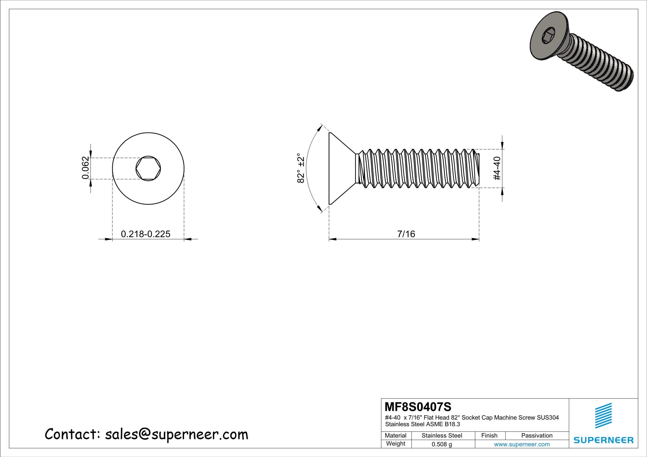 4-40 x 7/16" Flat Head 82° Socket Cap Machine Screw SUS304 Stainless Steel Inox ASME B18.3