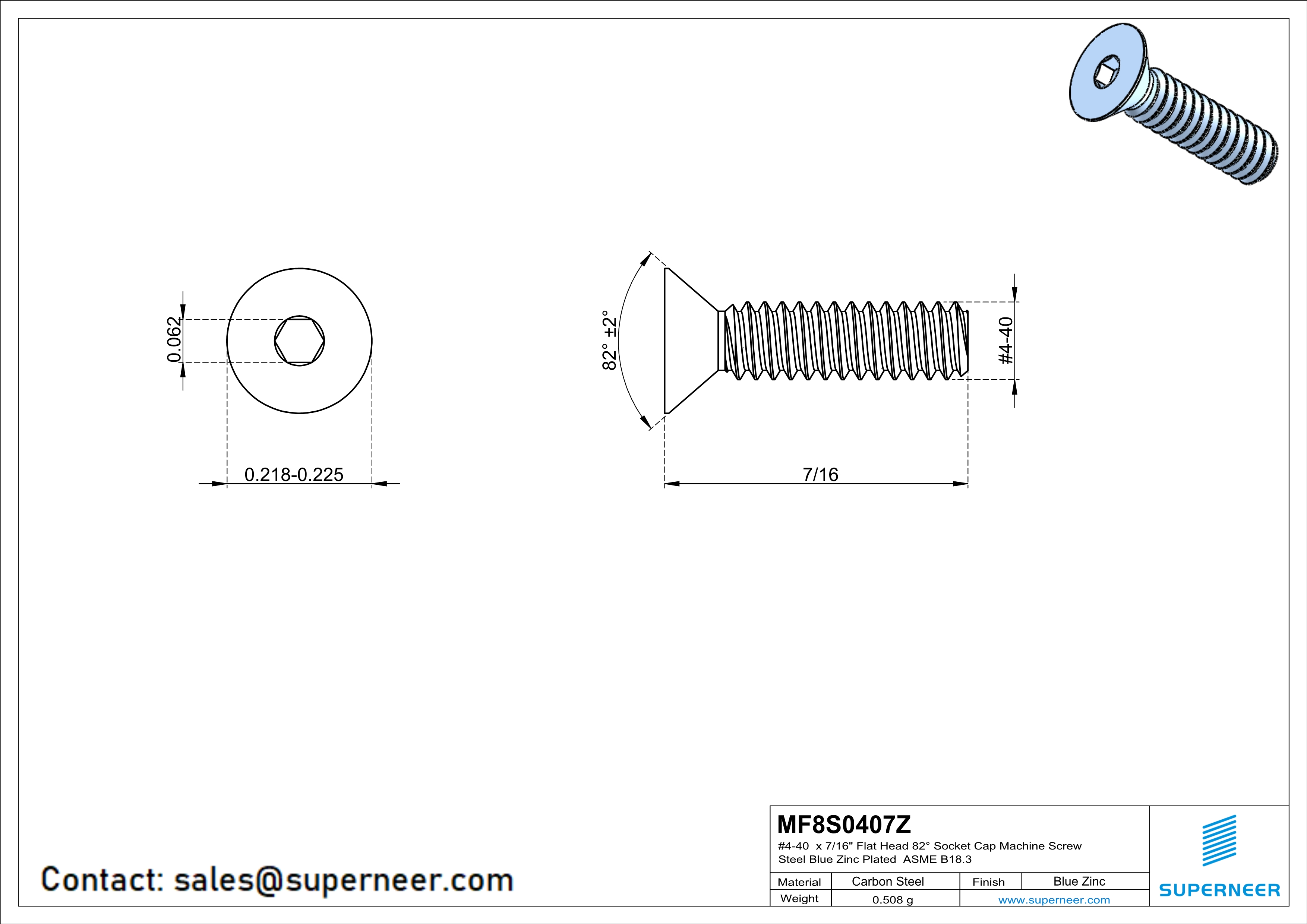 4-40 x 7/16" Flat Head 82° Socket Cap Machine Screw Steel Blue Zinc Plated ASME B18.3