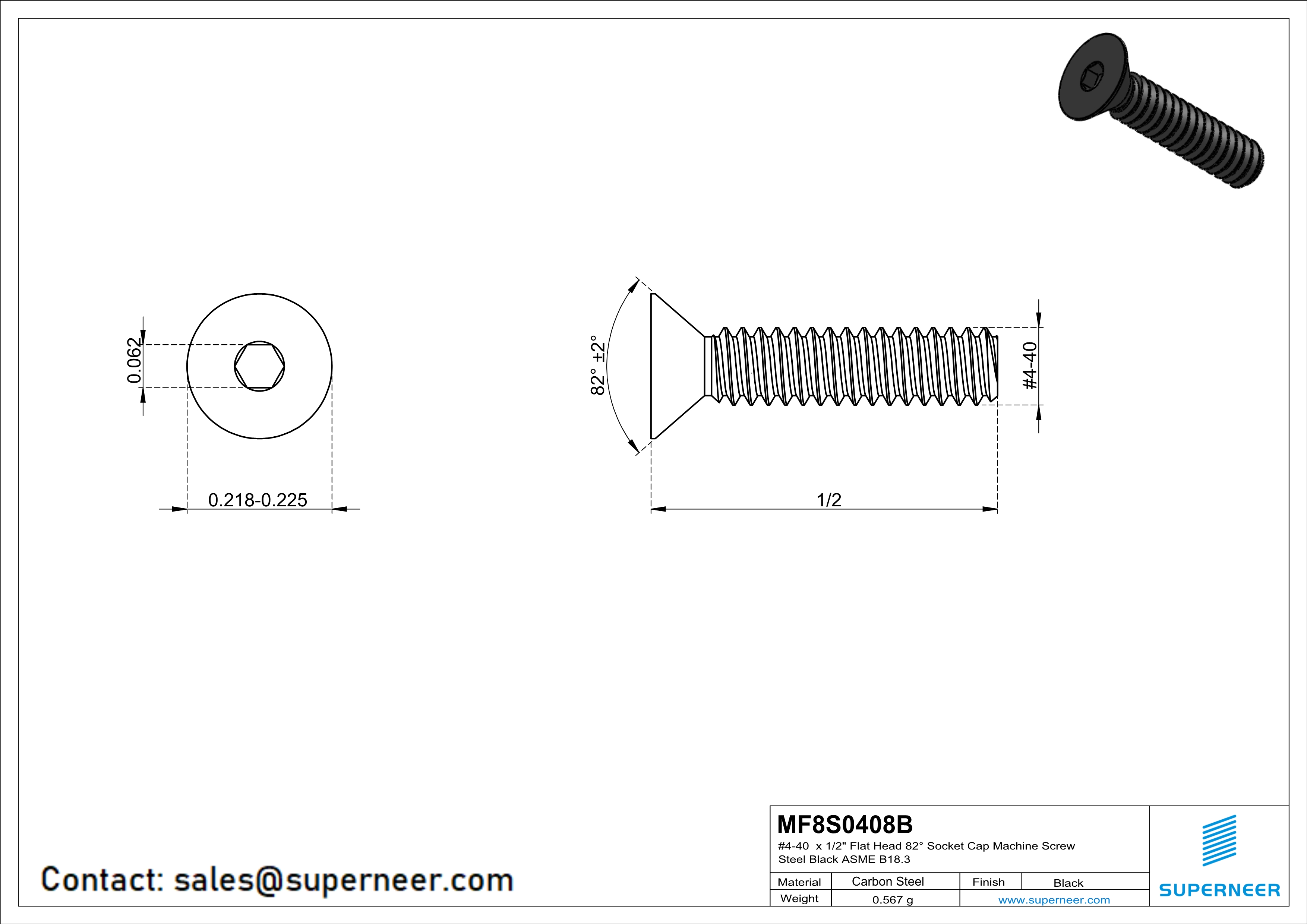 4-40 x 1/2" Flat Head 82° Socket Cap Machine Screw Steel Black ASME B18.3