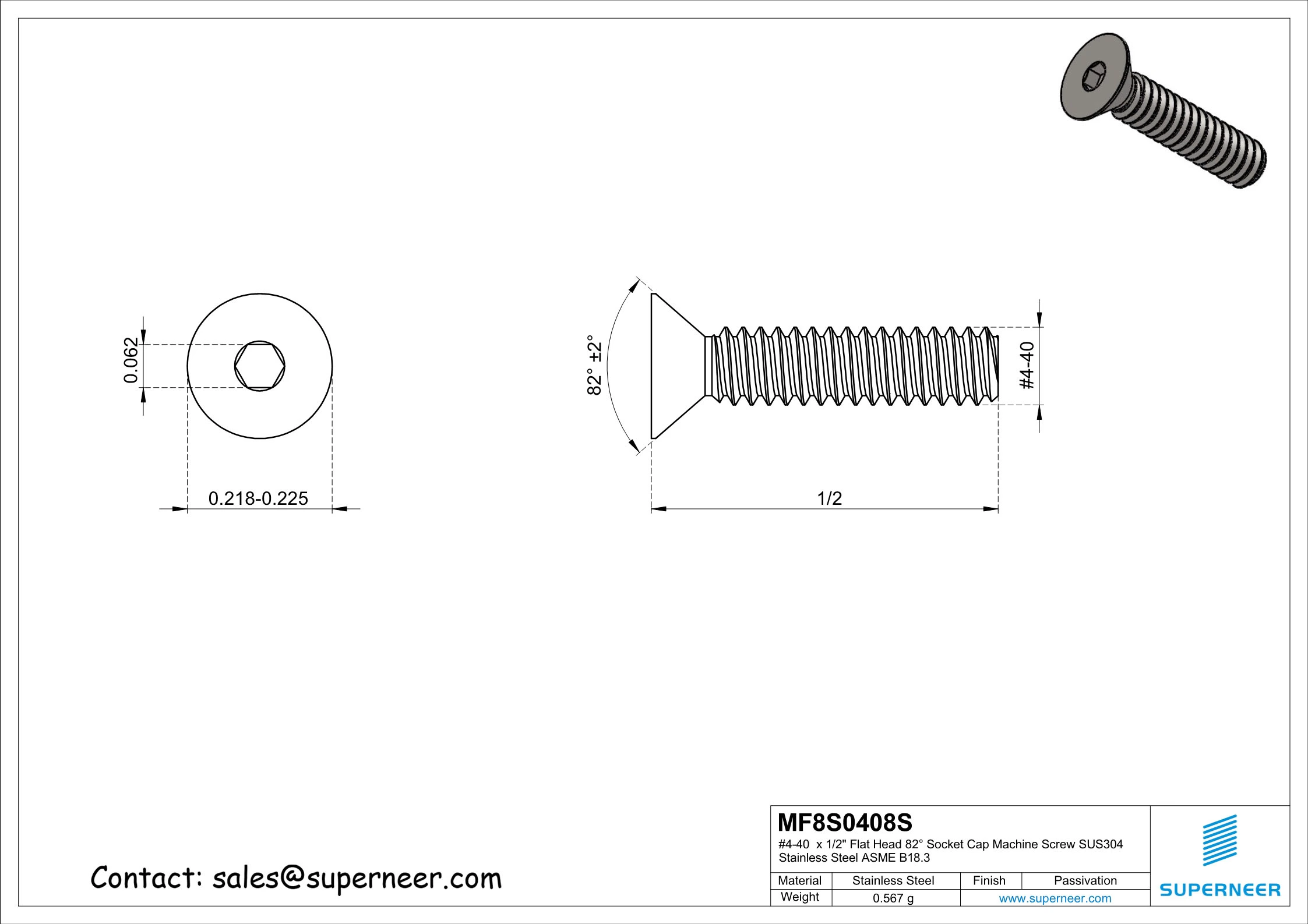 4-40 x 1/2" Flat Head 82° Socket Cap Machine Screw SUS304 Stainless Steel Inox ASME B18.3