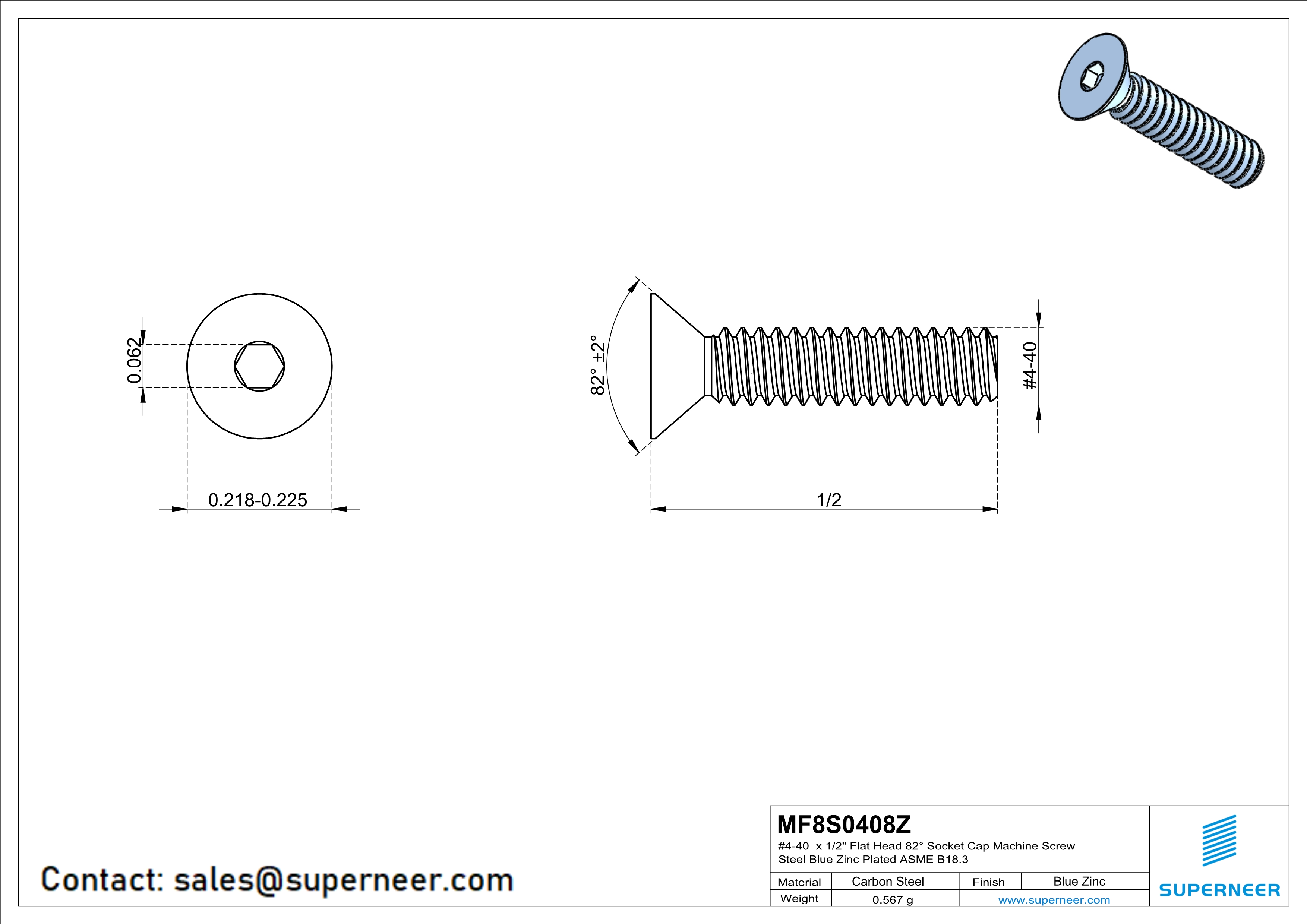 4-40 x 1/2" Flat Head 82° Socket Cap Machine Screw Steel Blue Zinc Plated ASME B18.3