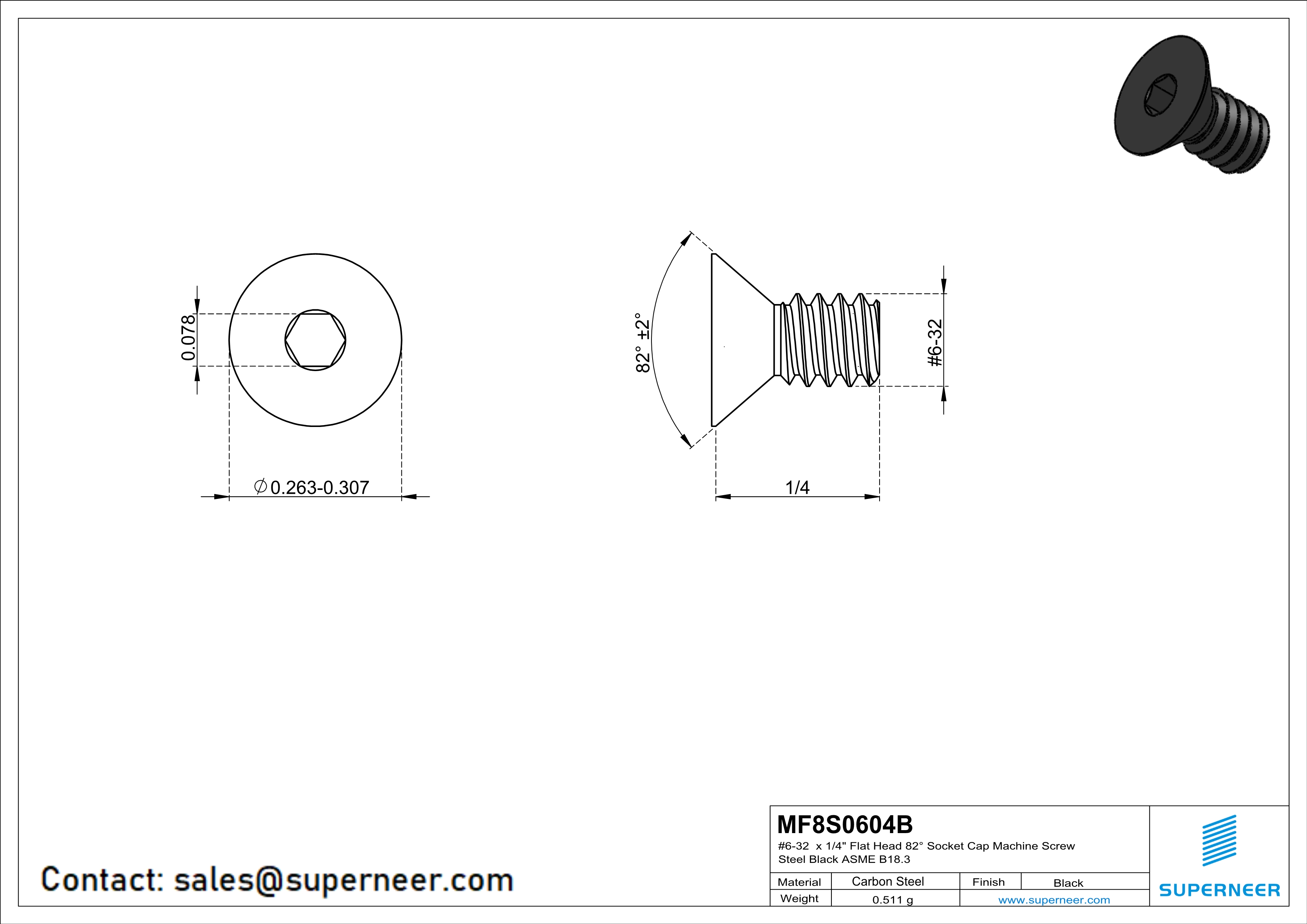 6-32 x 1/4" Flat Head 82° Socket Cap Machine Screw Steel Black ASME B18.3