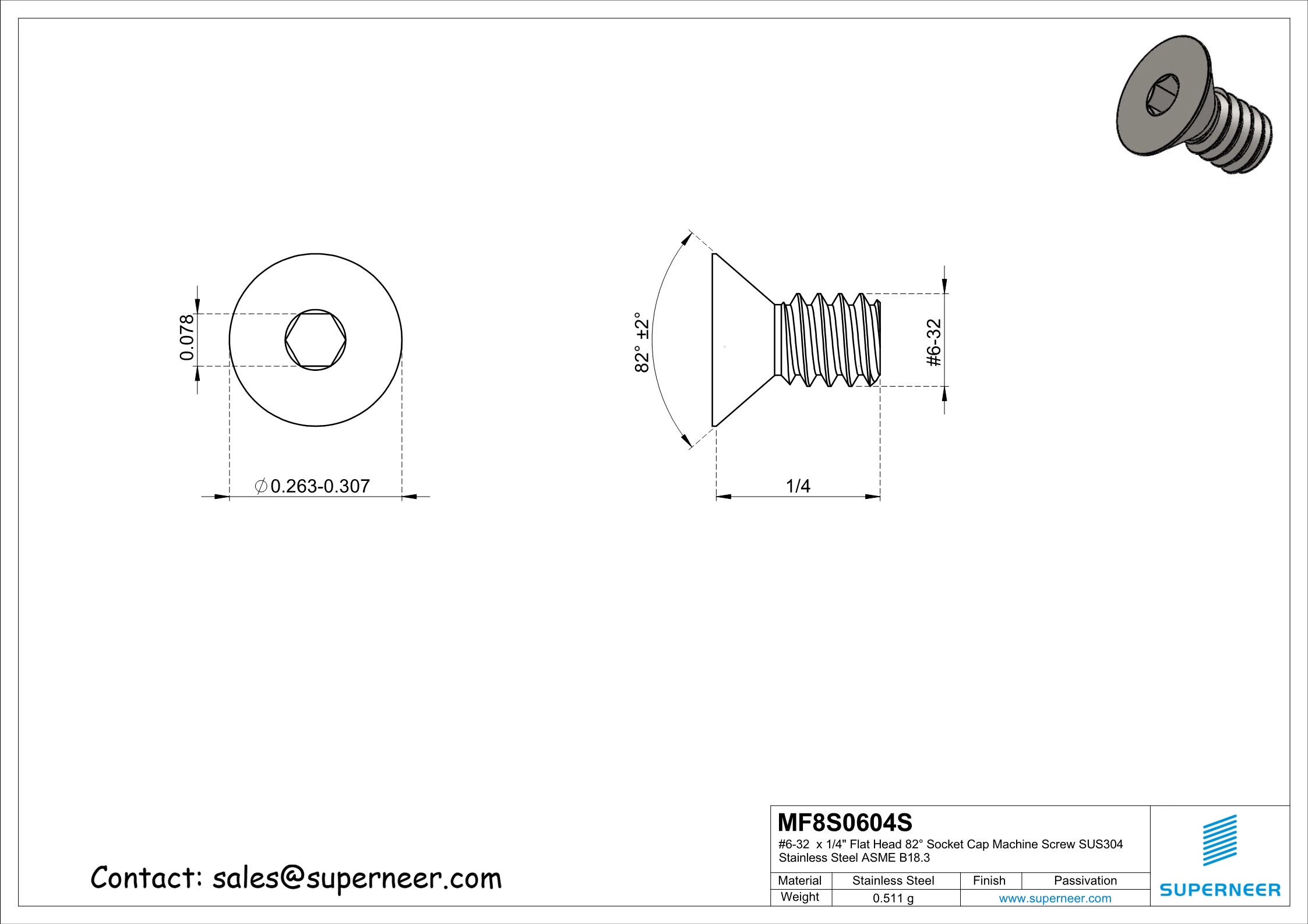 6-32 x 1/4" Flat Head 82° Socket Cap Machine Screw SUS304 Stainless Steel Inox ASME B18.3