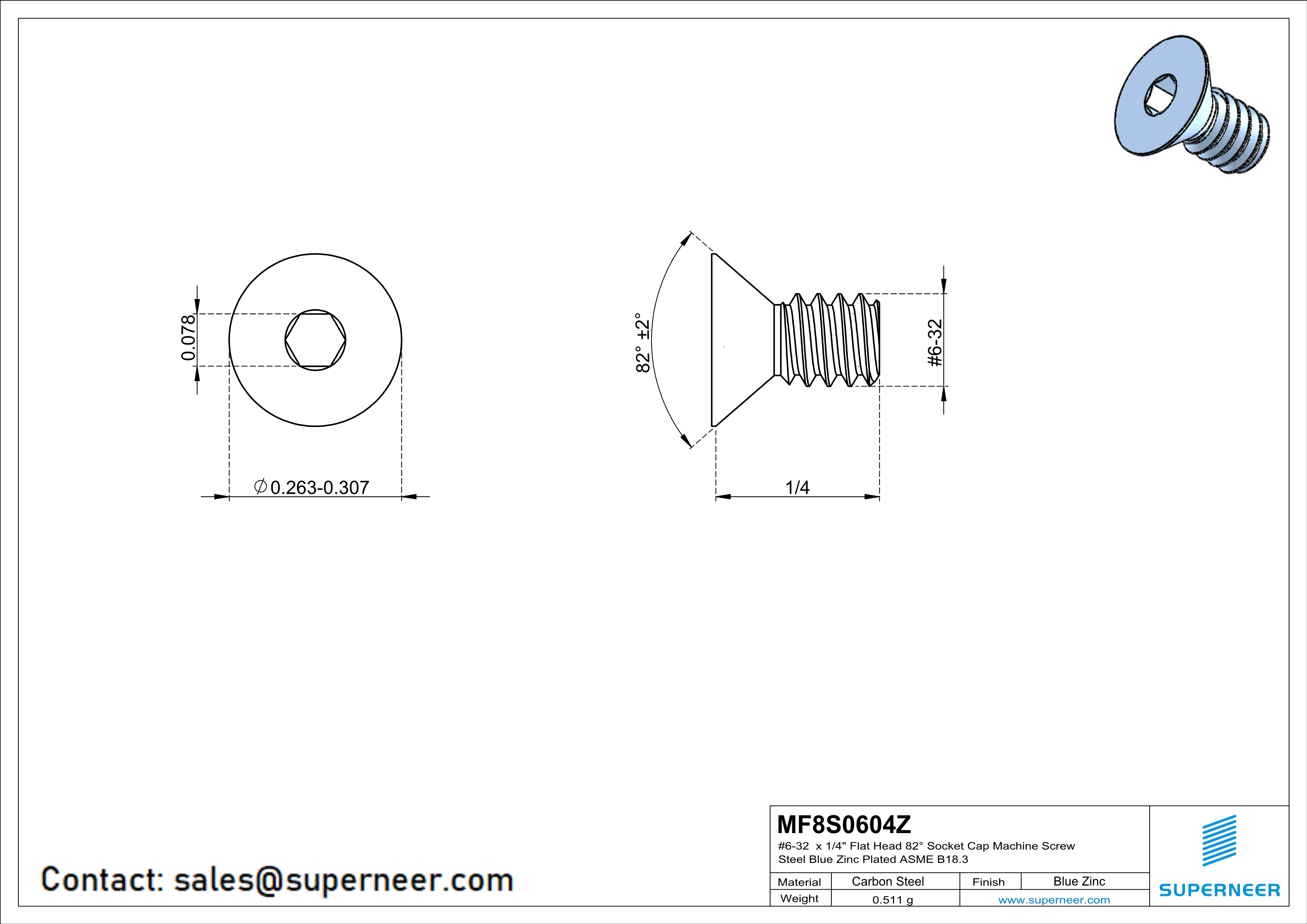 6-32 x 1/4" Flat Head 82° Socket Cap Machine Screw Steel Blue Zinc Plated ASME B18.3