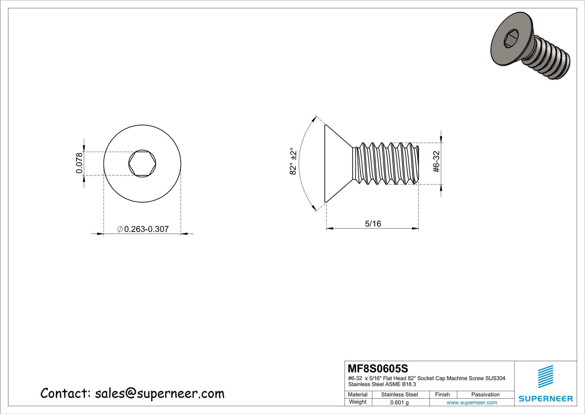 6-32 x 5/16 " Flat Head 82° Socket Cap Machine Screw SUS304 Stainless Steel Inox ASME B18.3