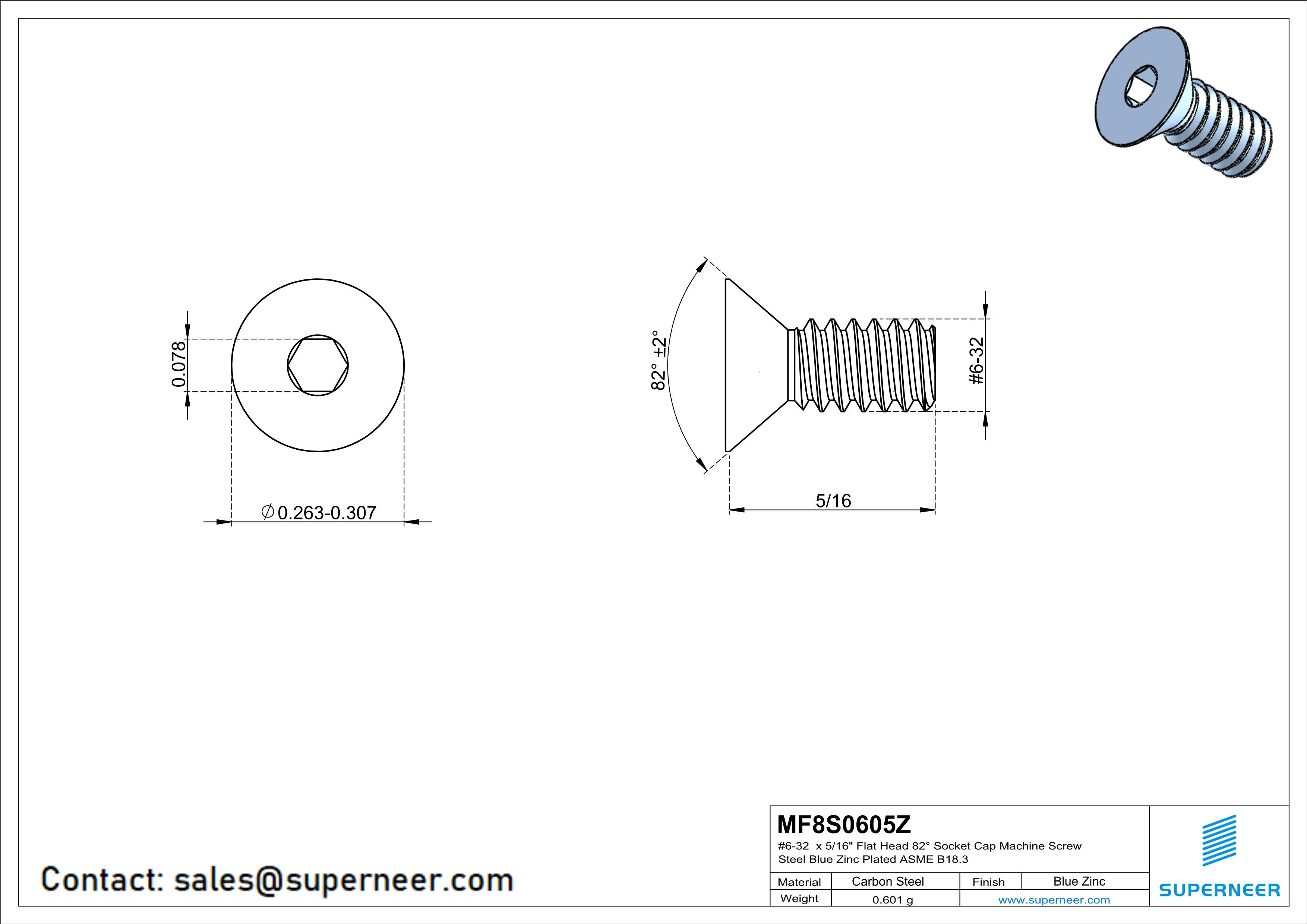 6-32 x 5/16 " Flat Head 82° Socket Cap Machine Screw Steel Blue Zinc Plated ASME B18.3