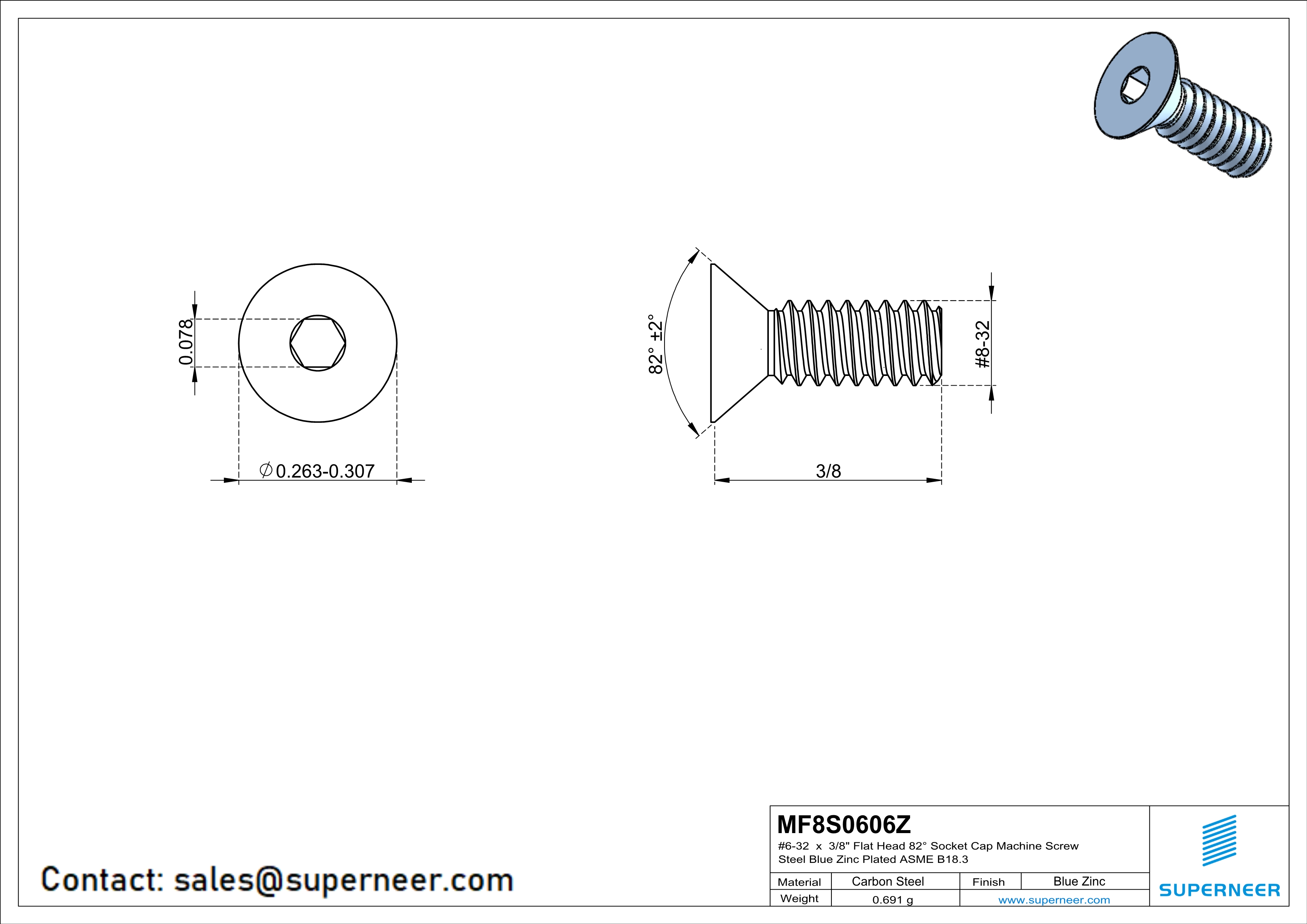 6-32 x 3/8 " Flat Head 82° Socket Cap Machine Screw Steel Blue Zinc Plated ASME B18.3