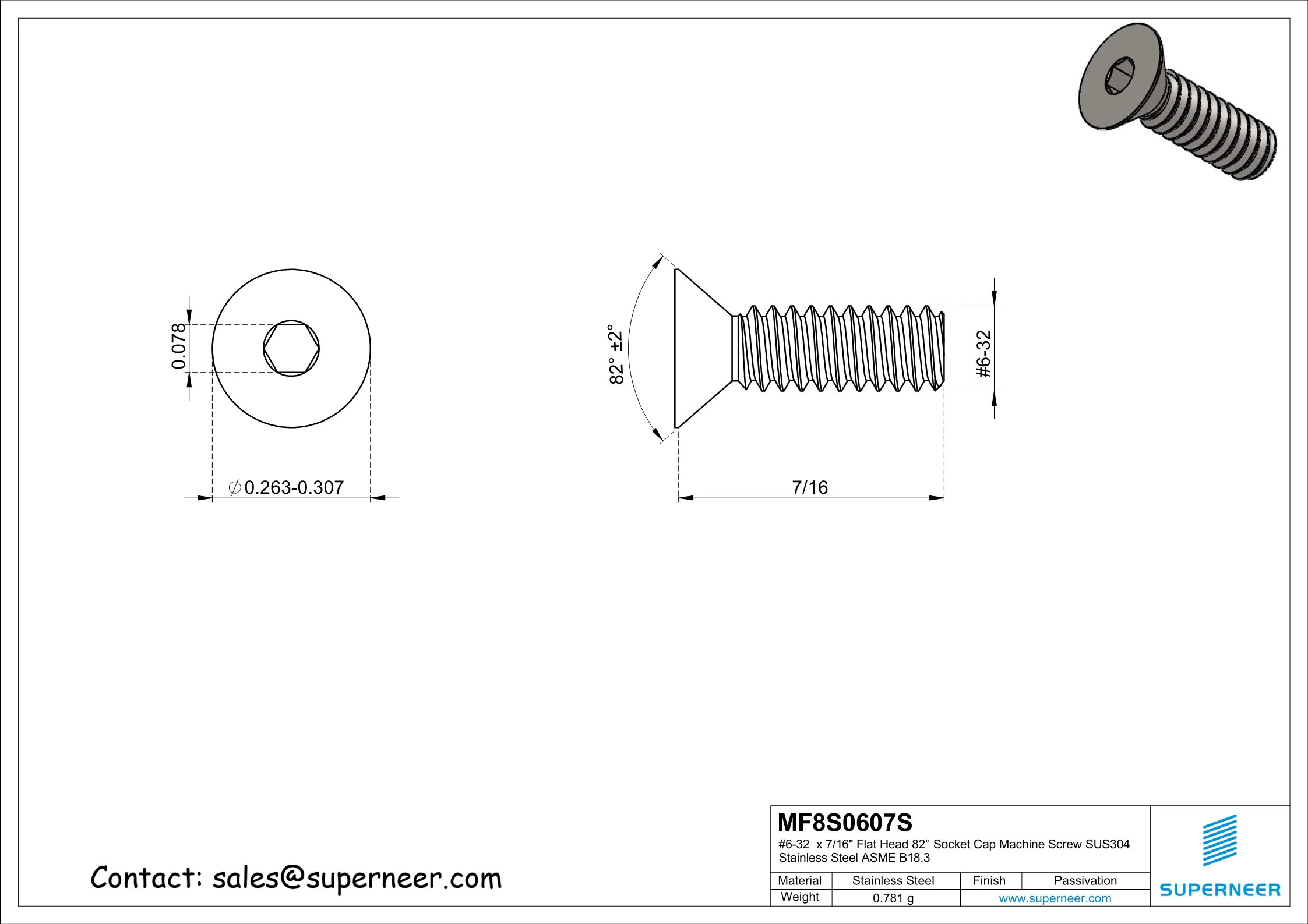 6-32 x 7/16" Flat Head 82° Socket Cap Machine Screw SUS304 Stainless Steel Inox ASME B18.3