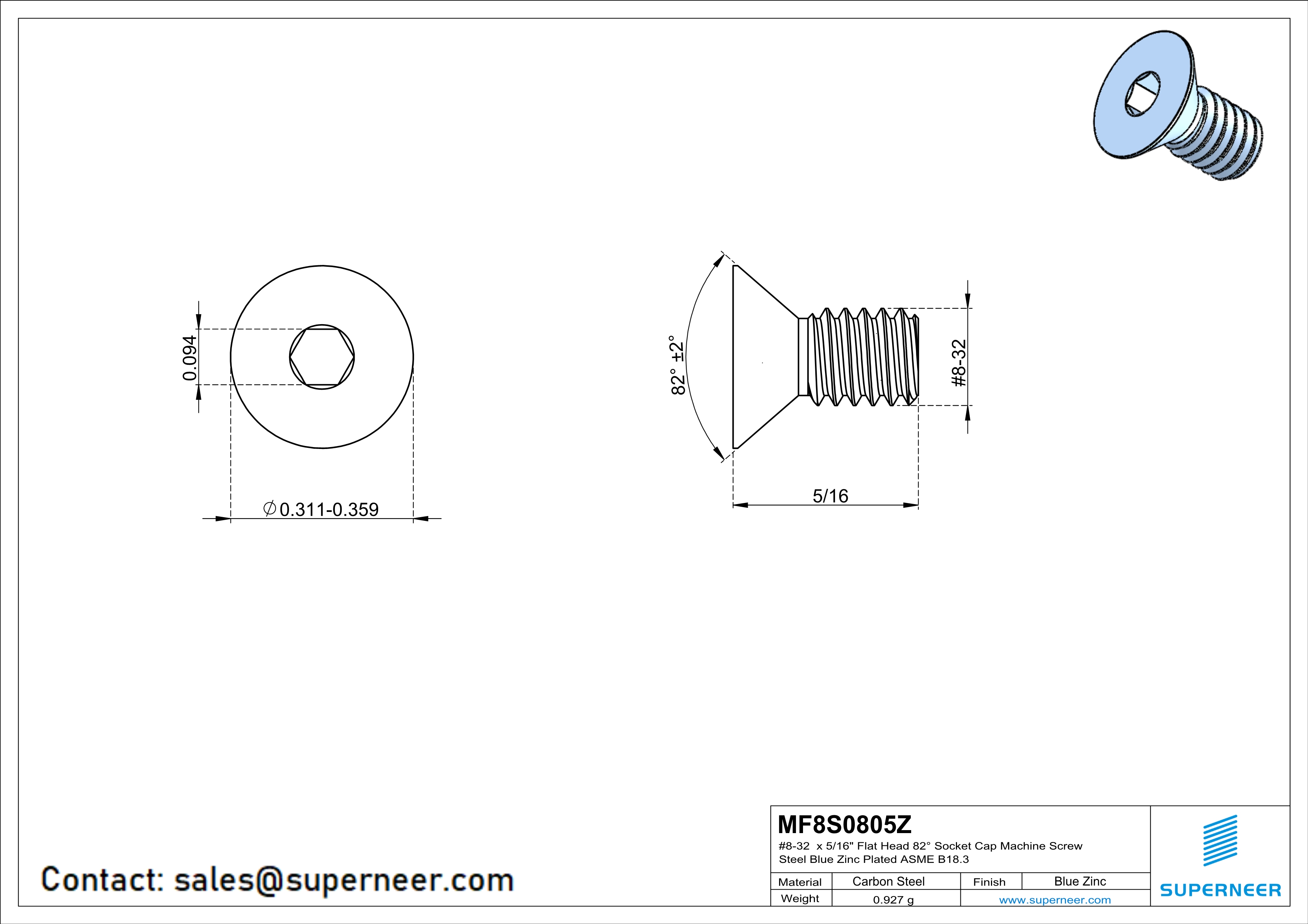 8-32 x 5/16 " Flat Head 82° Socket Cap Machine Screw Steel Blue Zinc Plated ASME B18.3