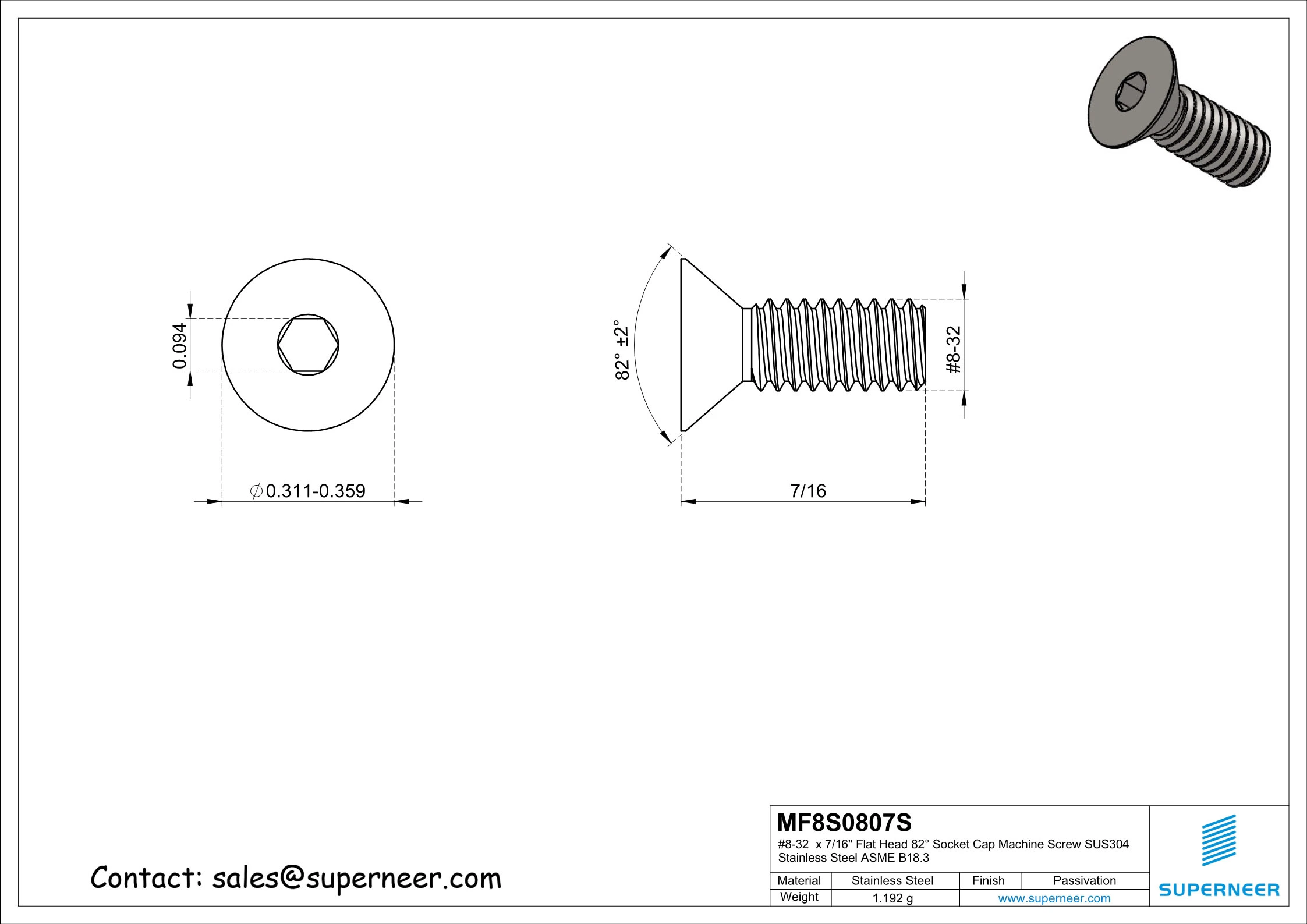 8-32 x 7/16" Flat Head 82° Socket Cap Machine Screw SUS304 Stainless Steel Inox ASME B18.3