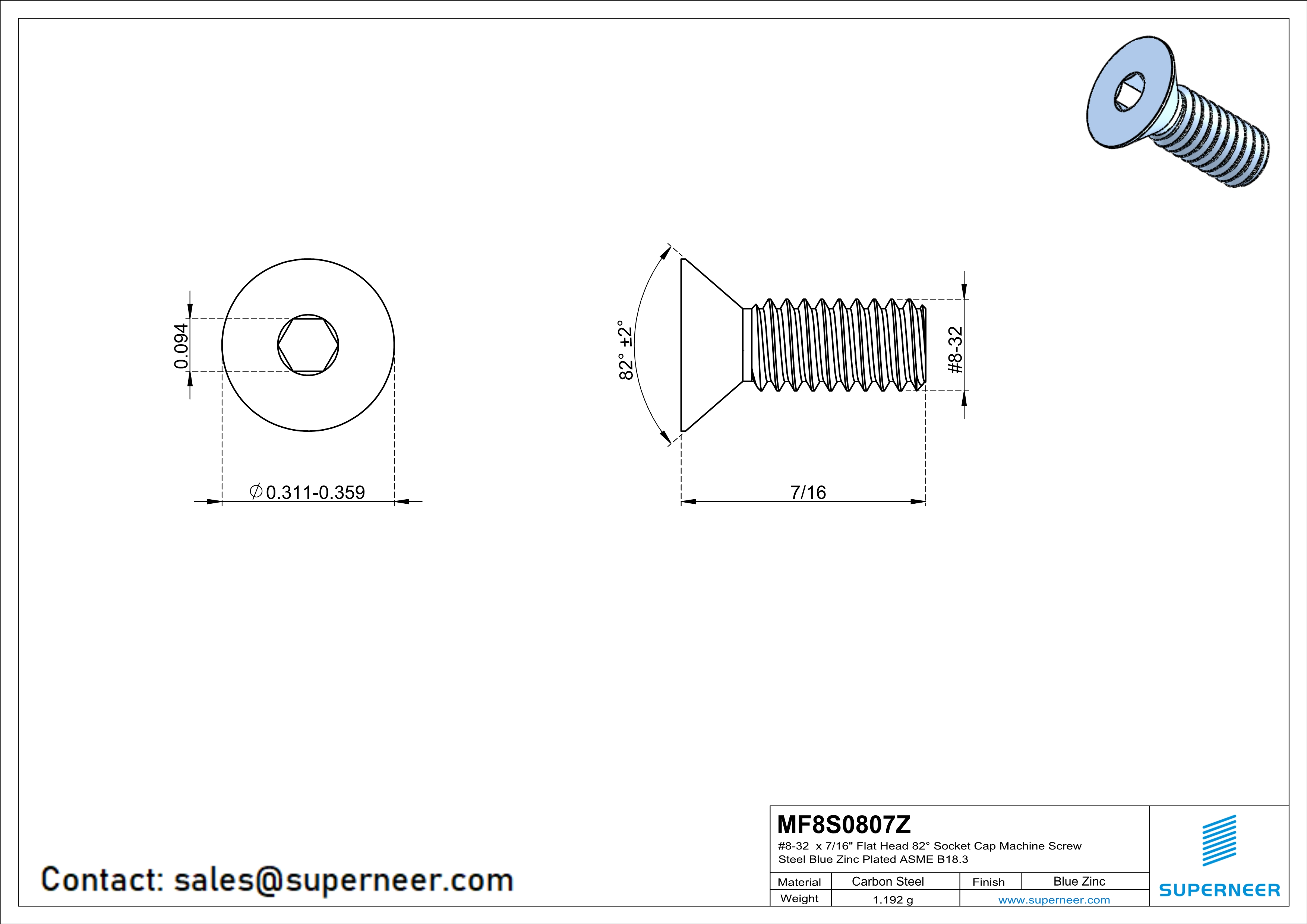 8-32 x 7/16" Flat Head 82° Socket Cap Machine Screw Steel Blue Zinc Plated ASME B18.3