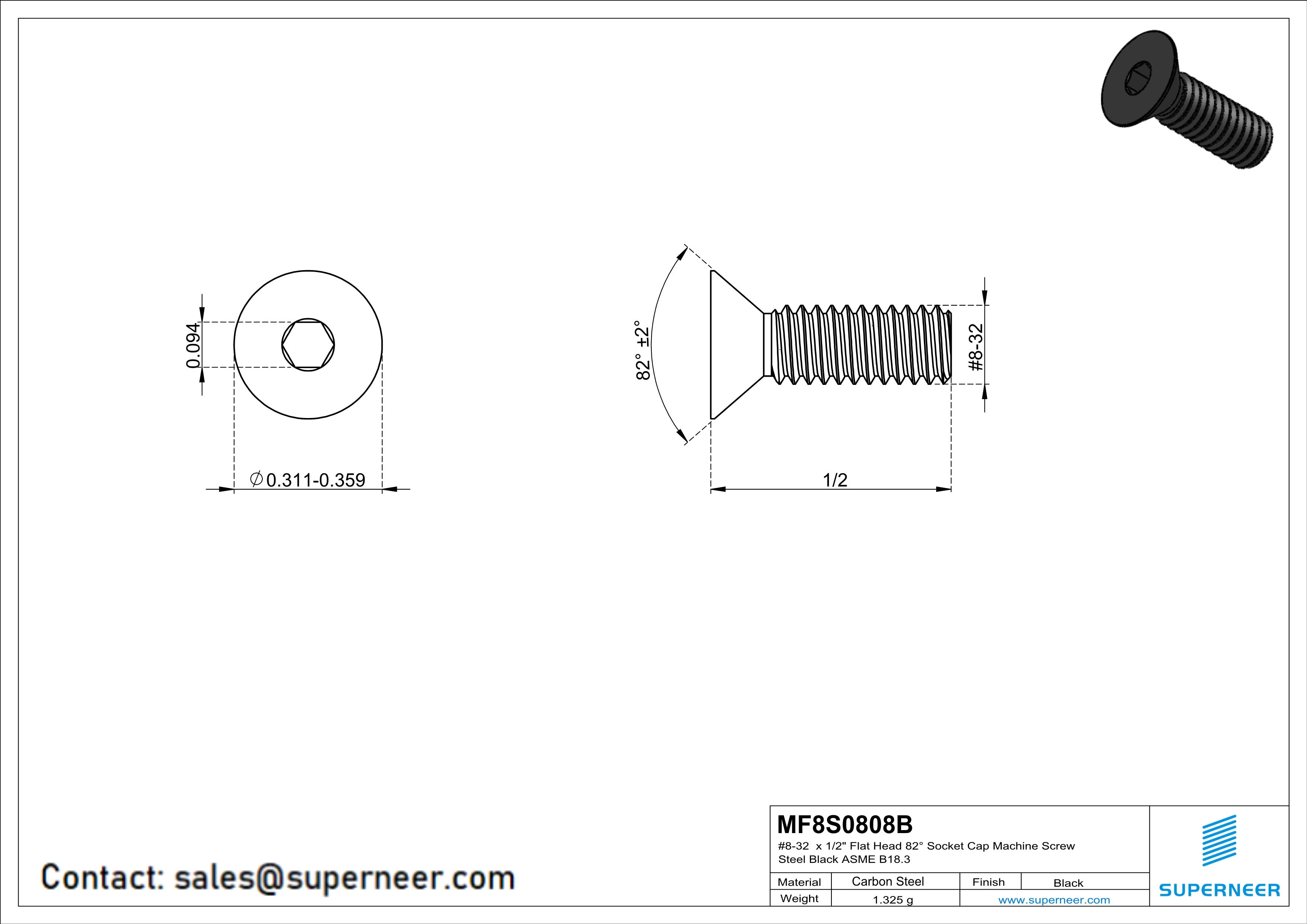 8-32 x 1/2"Flat Head 82° Socket Cap Machine Screw Steel Black ASME B18.3