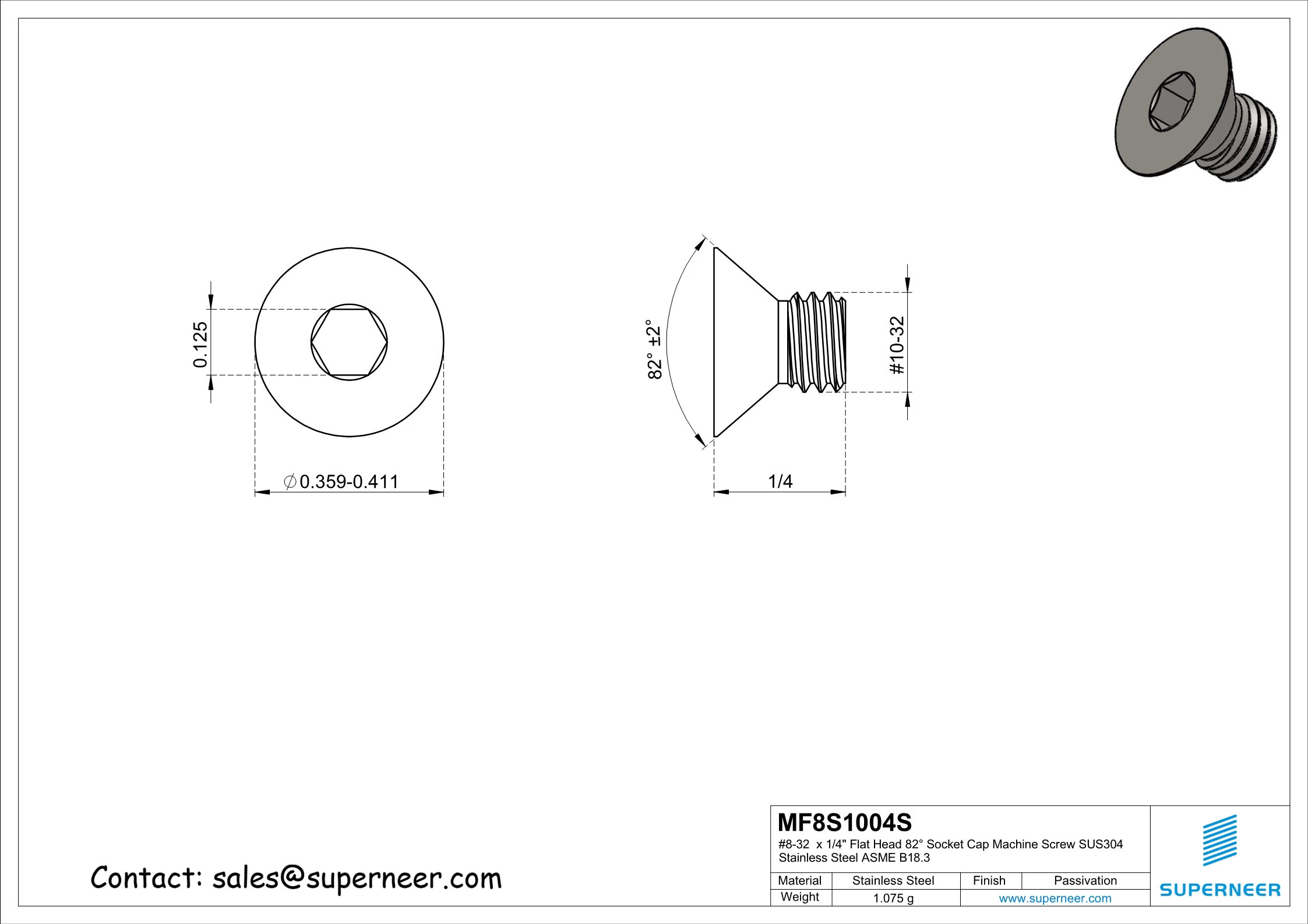 10-32 x 1/4" Flat Head 82° Socket Cap Machine Screw SUS304 Stainless Steel Inox ASME B18.3
